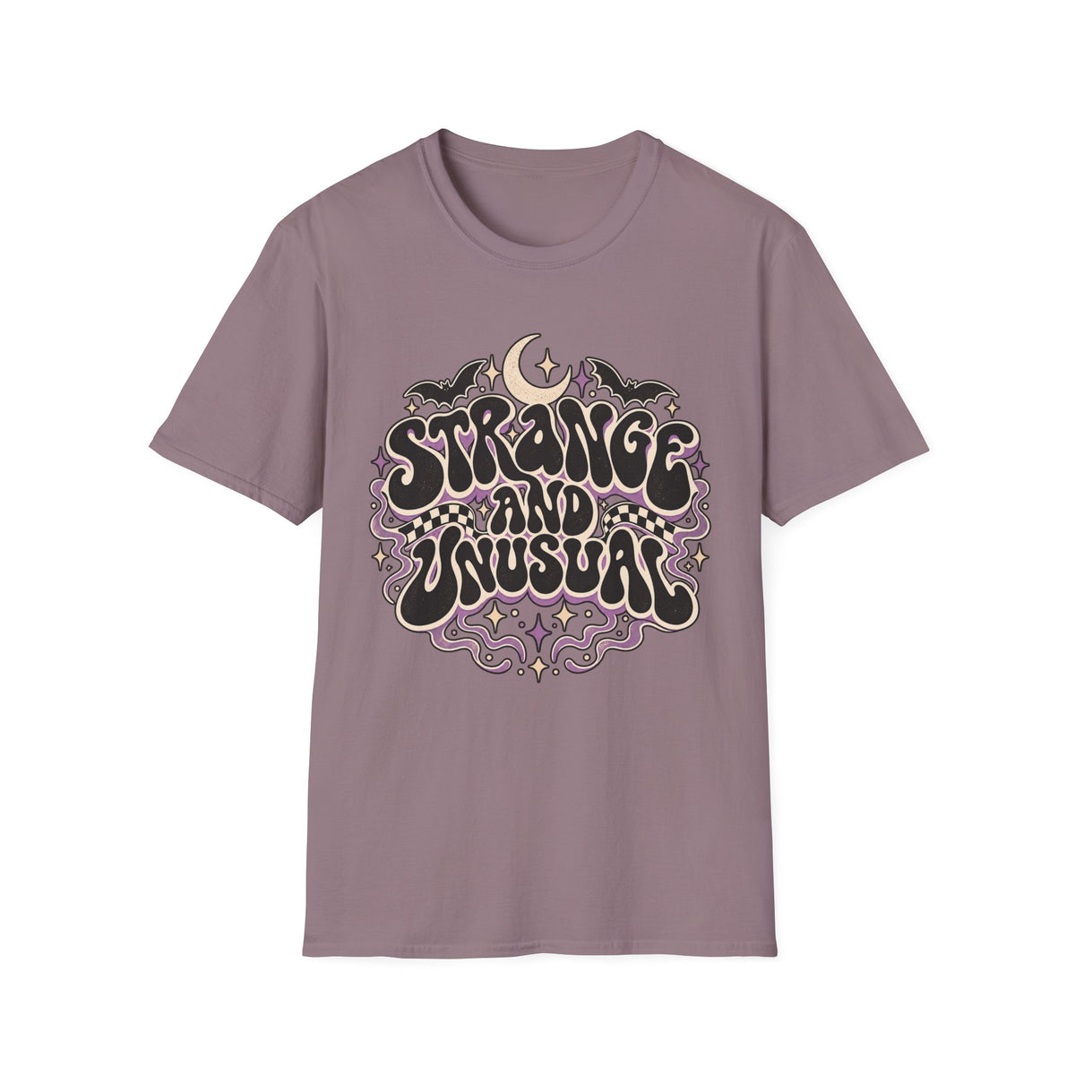 Strange and Unusual Tee — Retro Gothic Moon & Bat Graphic T-Shirt