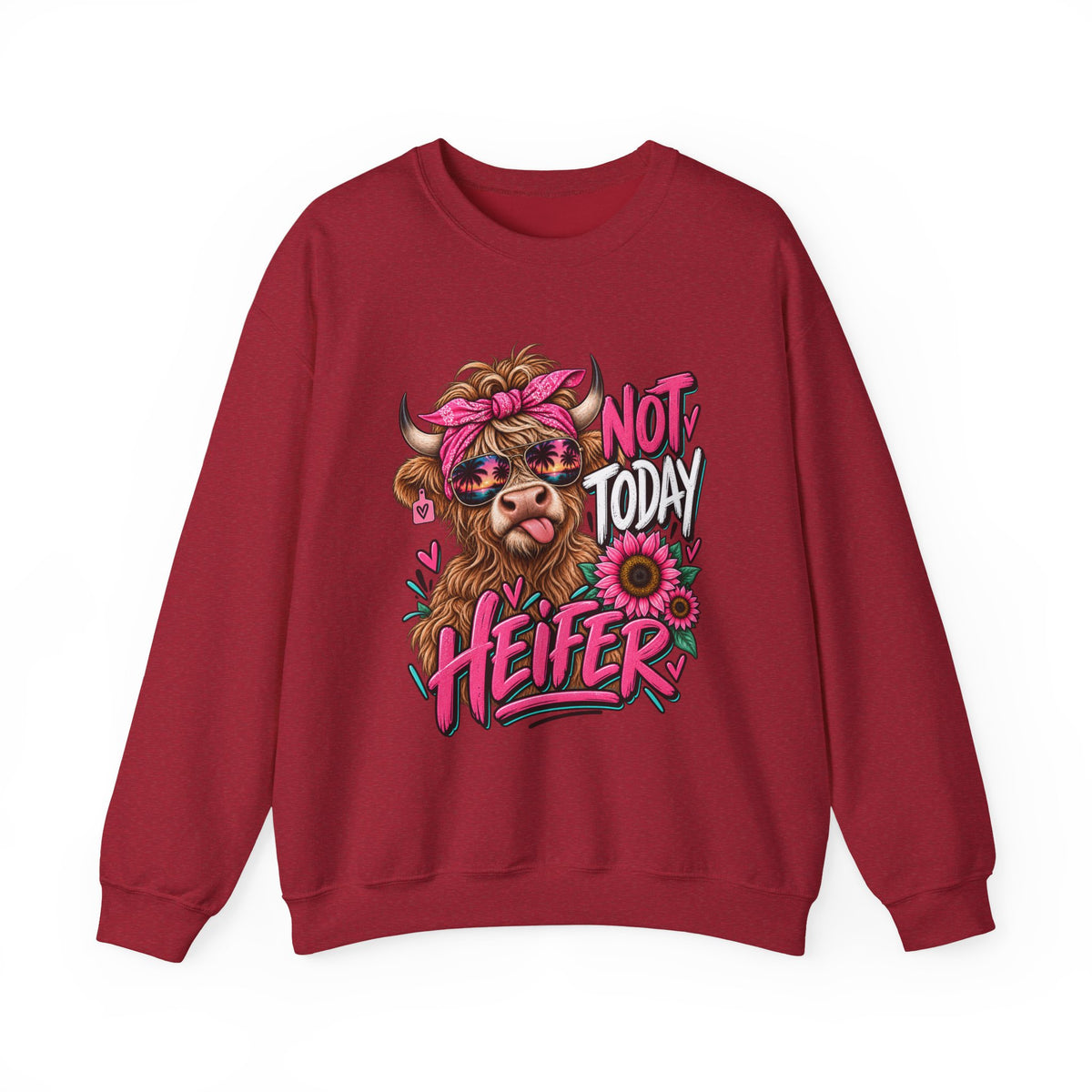 Crewneck Sweatshirt — "Not Today Heifer" Cute Cow Graphic, Pink Floral Farm Animal Pullover