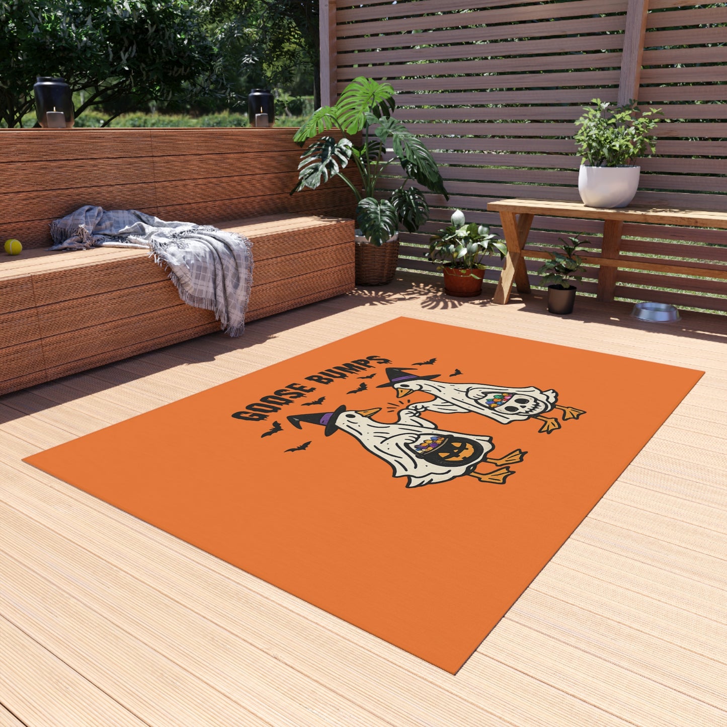Halloween Goose Bumps Outdoor Rug — Trick-or-Treating Ghost Geese Doormat