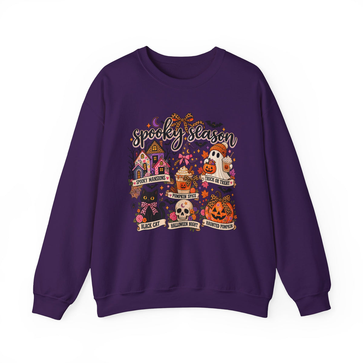 Spooky Season Crewneck Sweatshirt – Retro Halloween Haunted House & Pumpkin Graphic