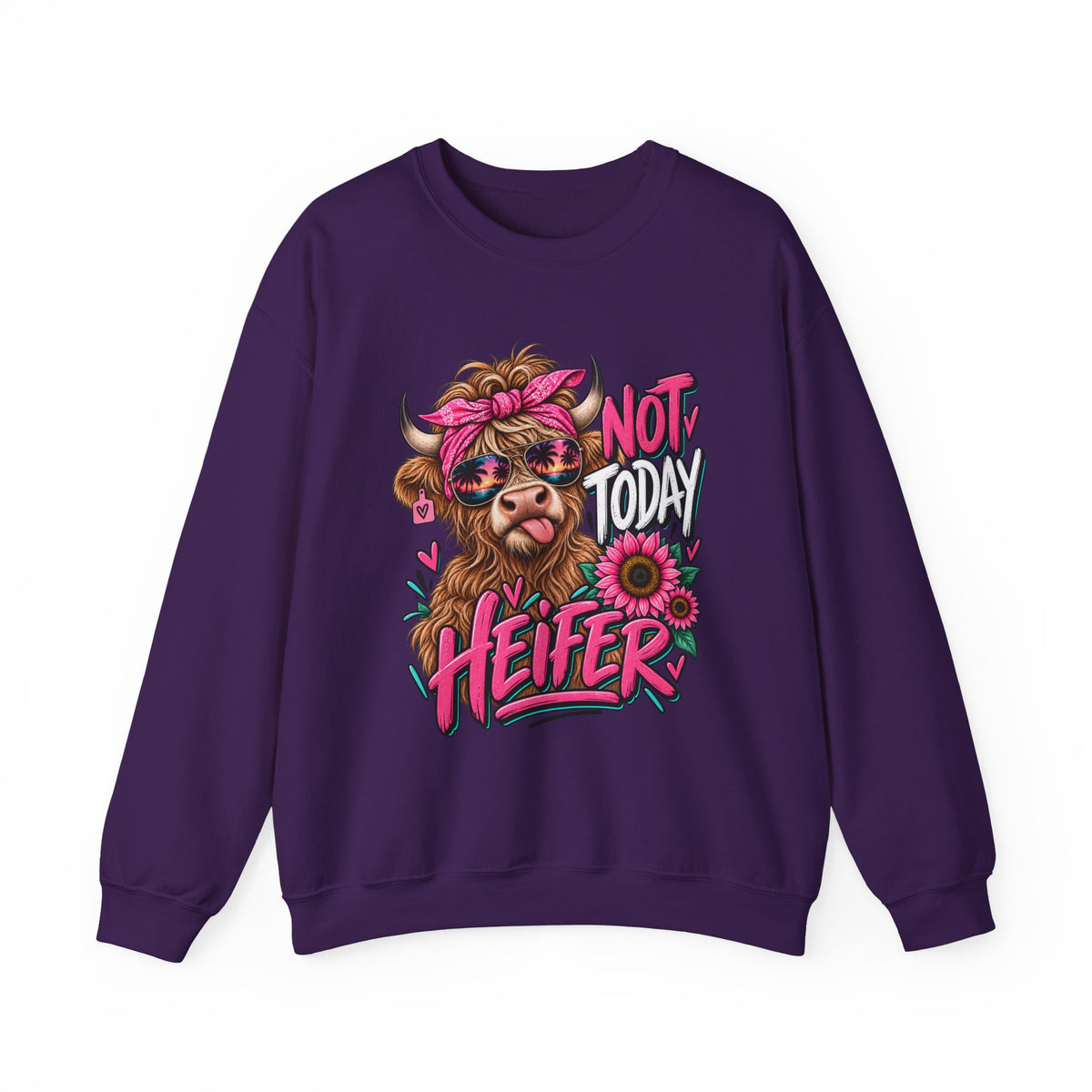 Crewneck Sweatshirt — "Not Today Heifer" Cute Cow Graphic, Pink Floral Farm Animal Pullover