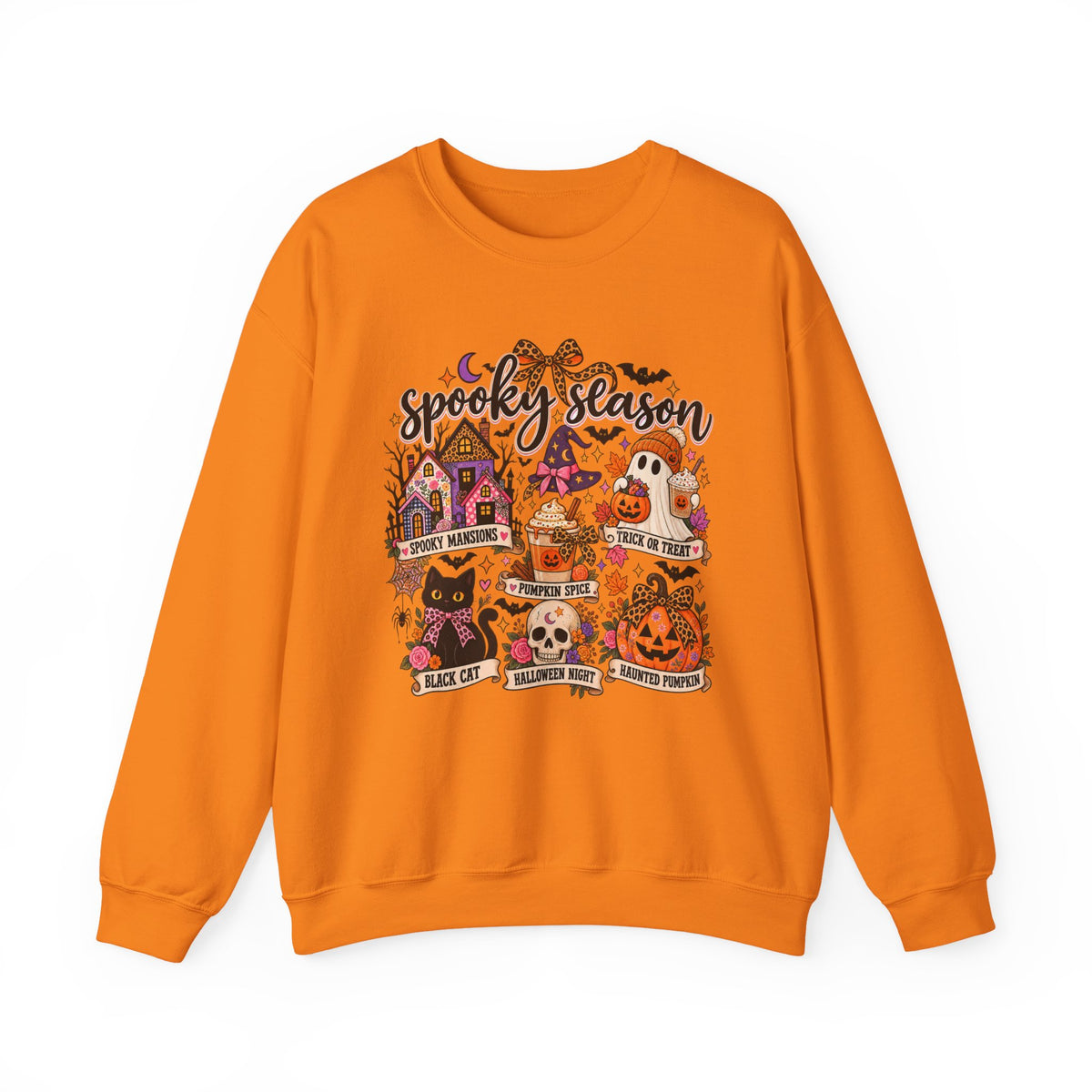 Spooky Season Crewneck Sweatshirt – Retro Halloween Haunted House & Pumpkin Graphic