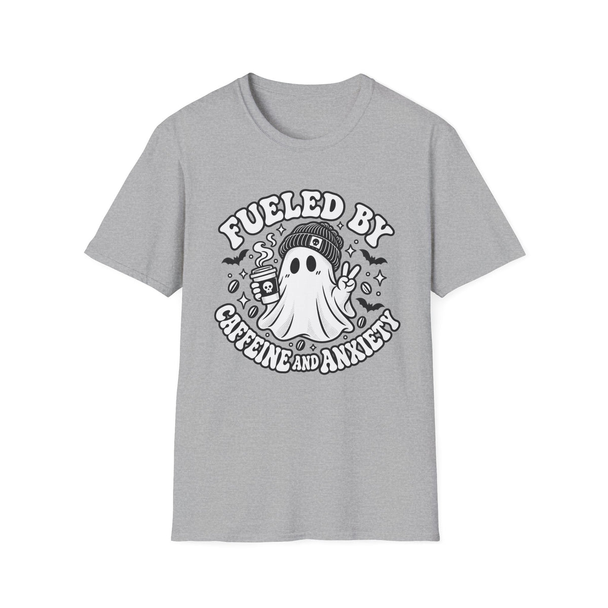 T-Shirt — 'Fueled By Caffeine and Anxiety' Cute Ghost Coffee Graphic Tee