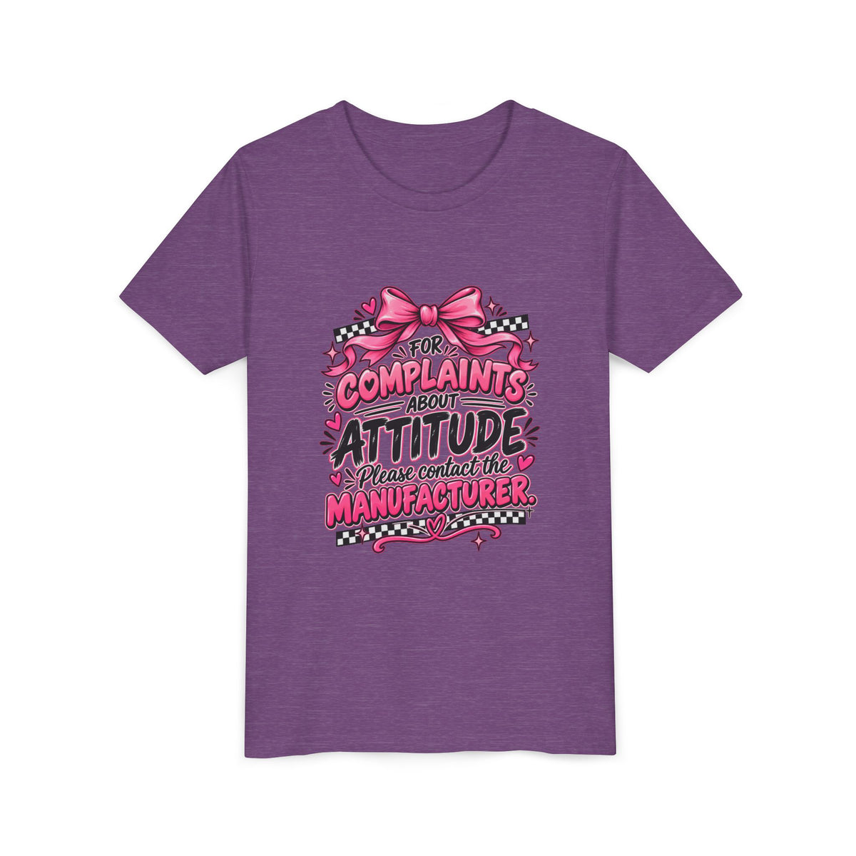 Youth Tee - "For Complaints About Attitude, Please Contact The Manufacturer" Pink Graphic