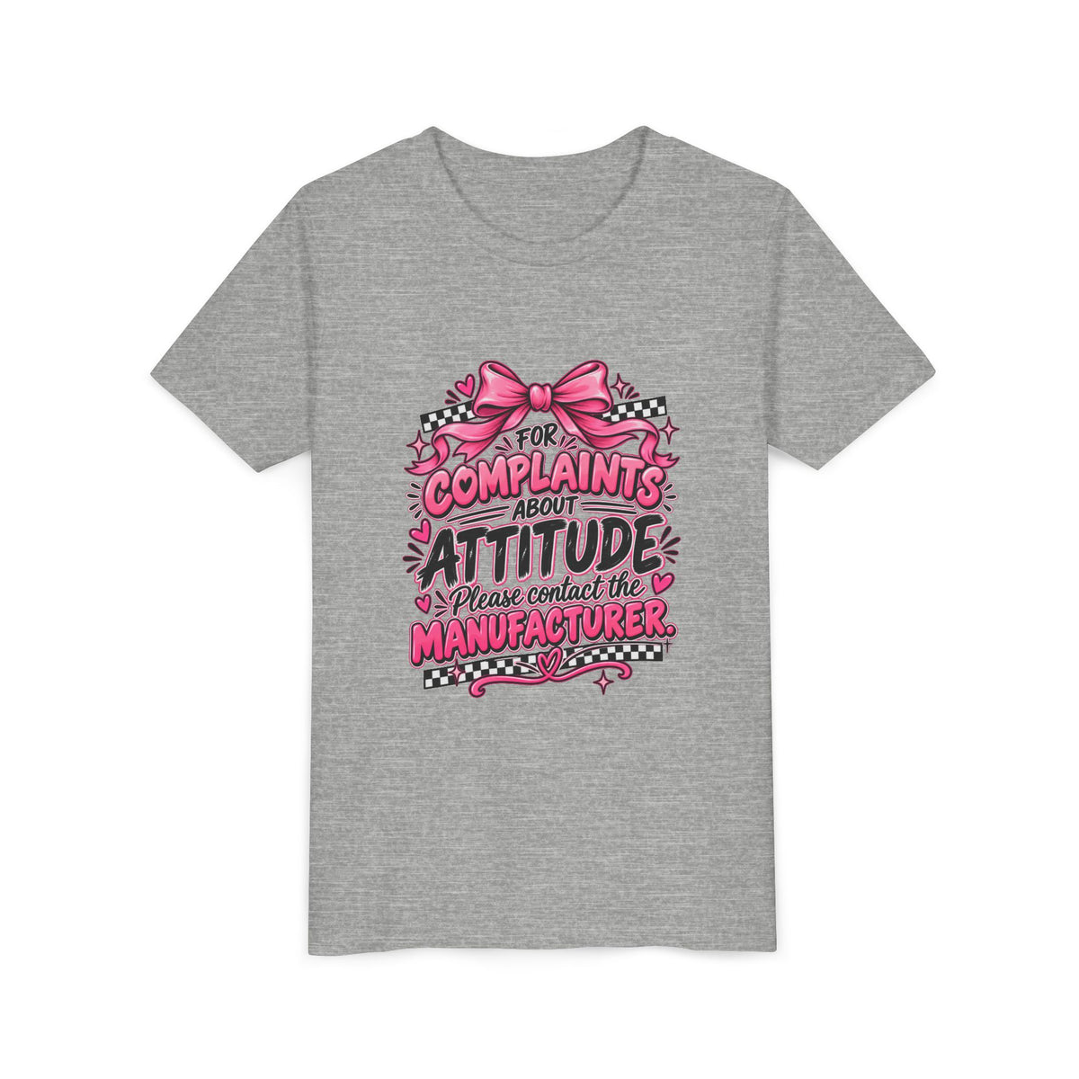 Youth Tee - "For Complaints About Attitude, Please Contact The Manufacturer" Pink Graphic
