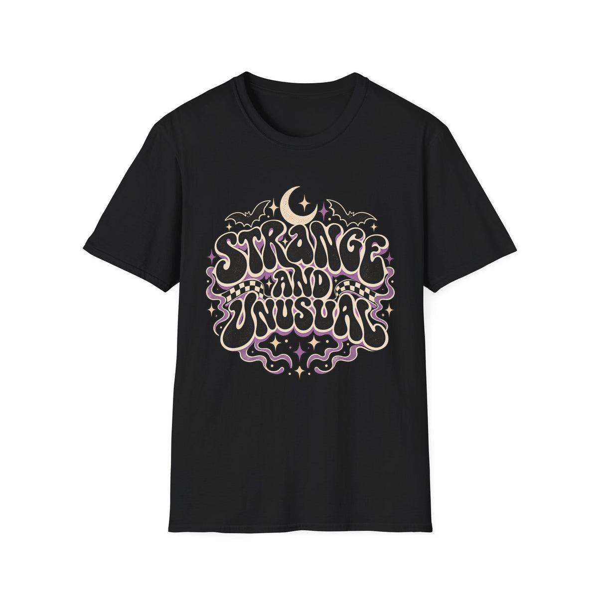 Strange and Unusual Tee — Retro Gothic Moon & Bat Graphic T-Shirt