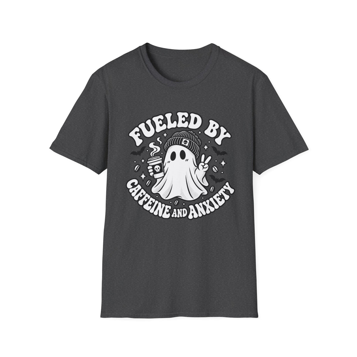 T-Shirt — 'Fueled By Caffeine and Anxiety' Cute Ghost Coffee Graphic Tee