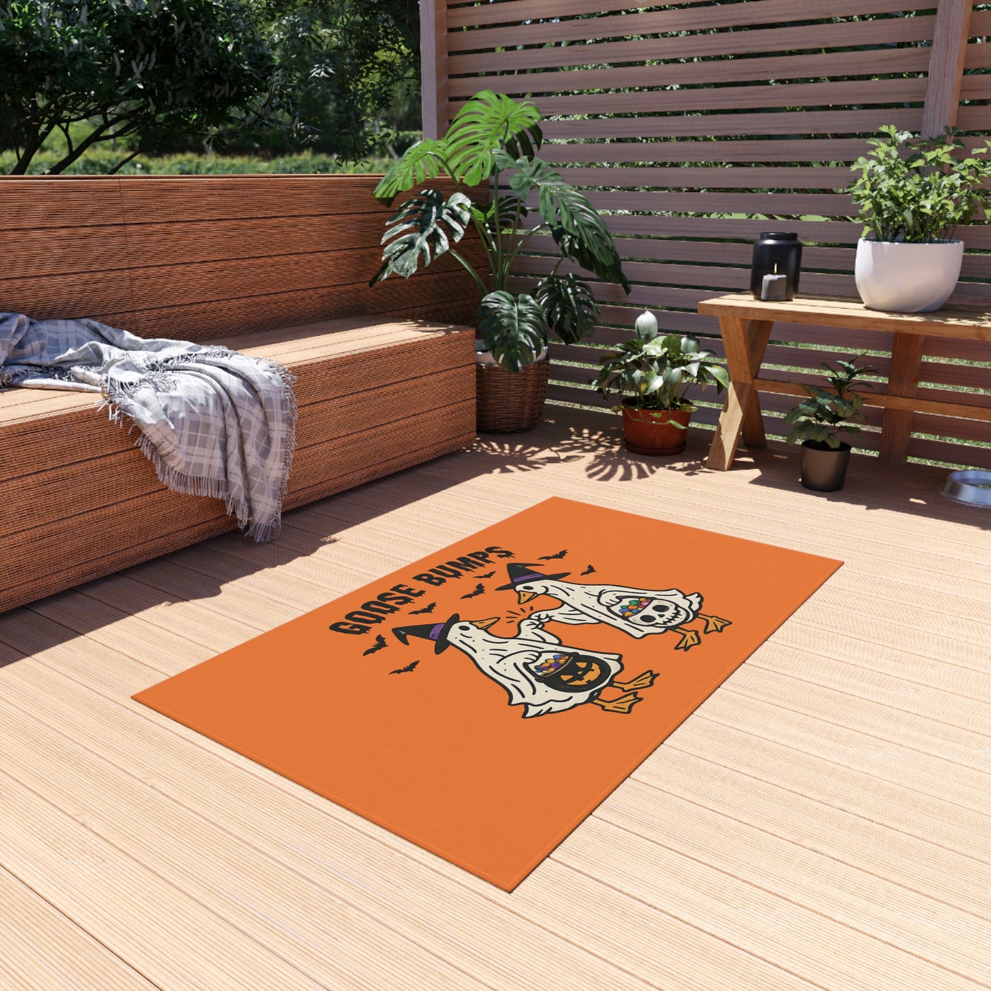 Halloween Goose Bumps Outdoor Rug — Trick-or-Treating Ghost Geese Doormat