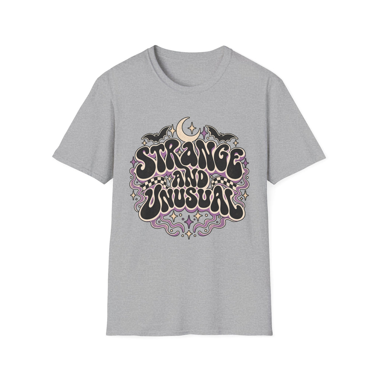 Strange and Unusual Tee — Retro Gothic Moon & Bat Graphic T-Shirt
