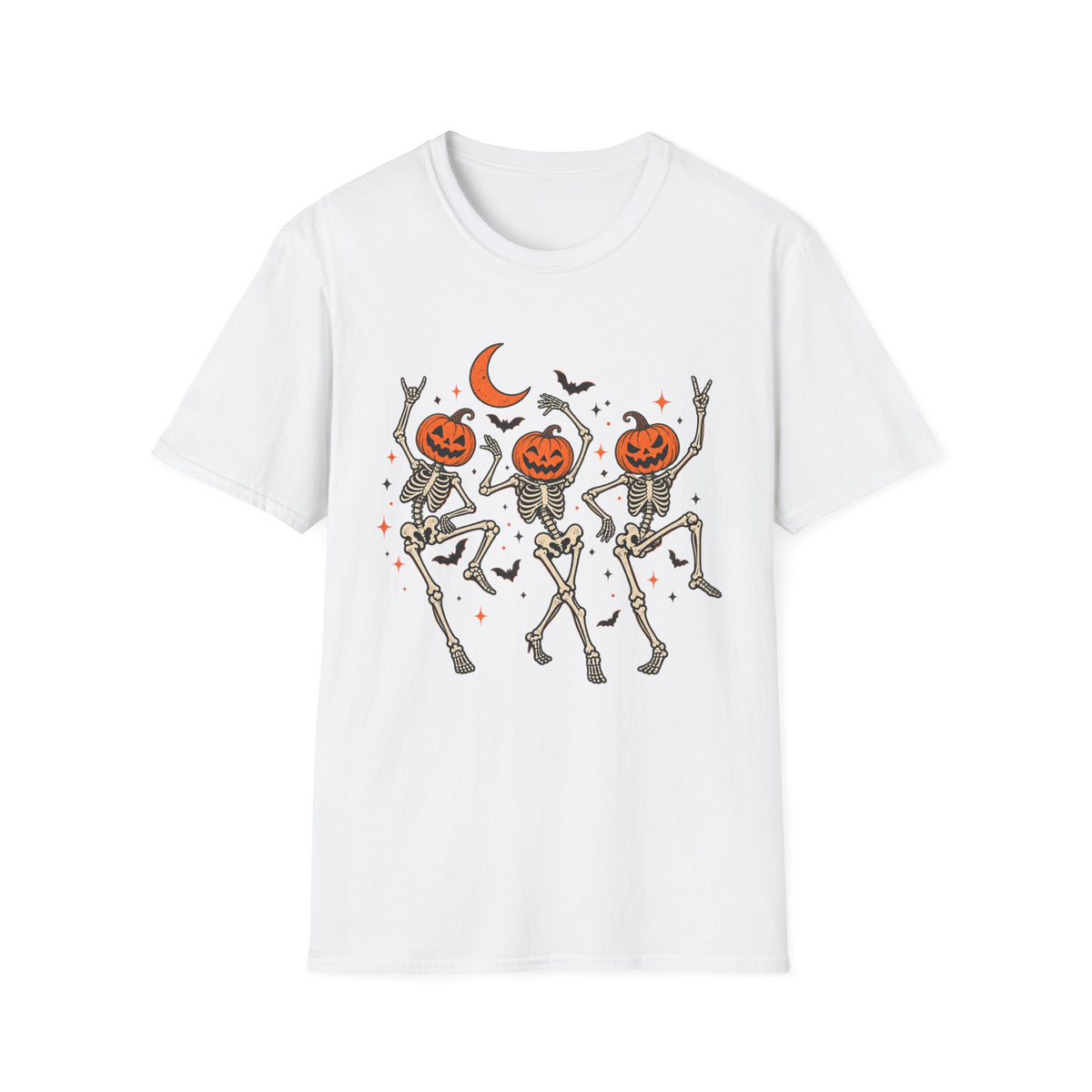 Pumpkin-Head Dancing Skeletons T-Shirt — Cute Halloween Dance Tee