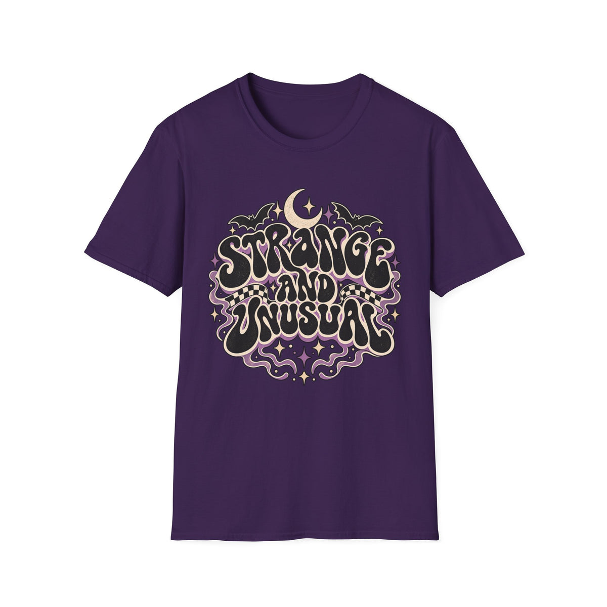 Strange and Unusual Tee — Retro Gothic Moon & Bat Graphic T-Shirt