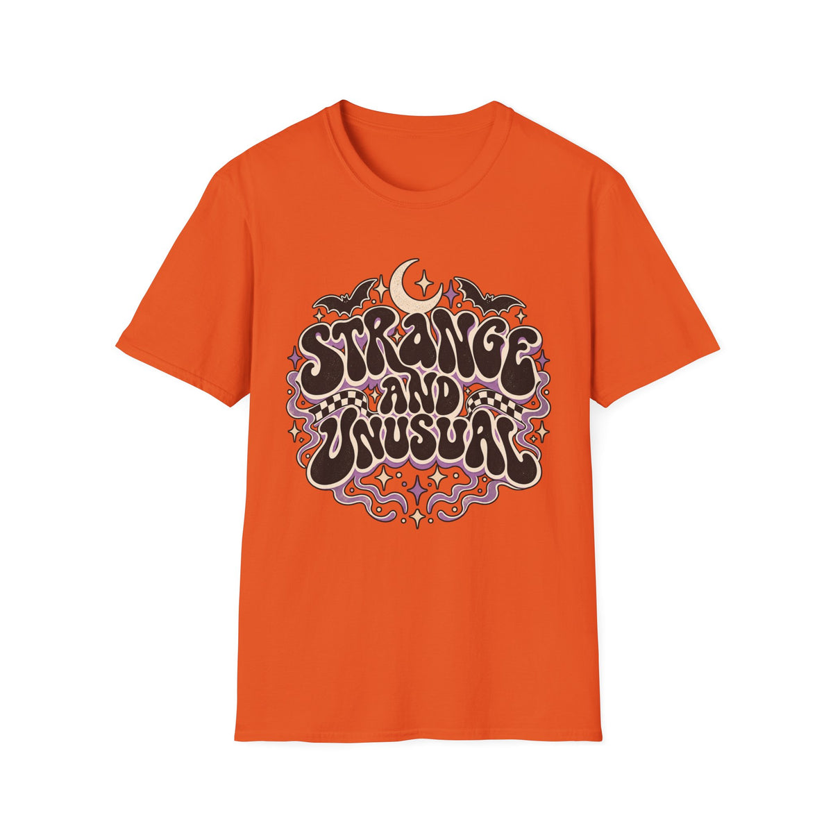 Strange and Unusual Tee — Retro Gothic Moon & Bat Graphic T-Shirt