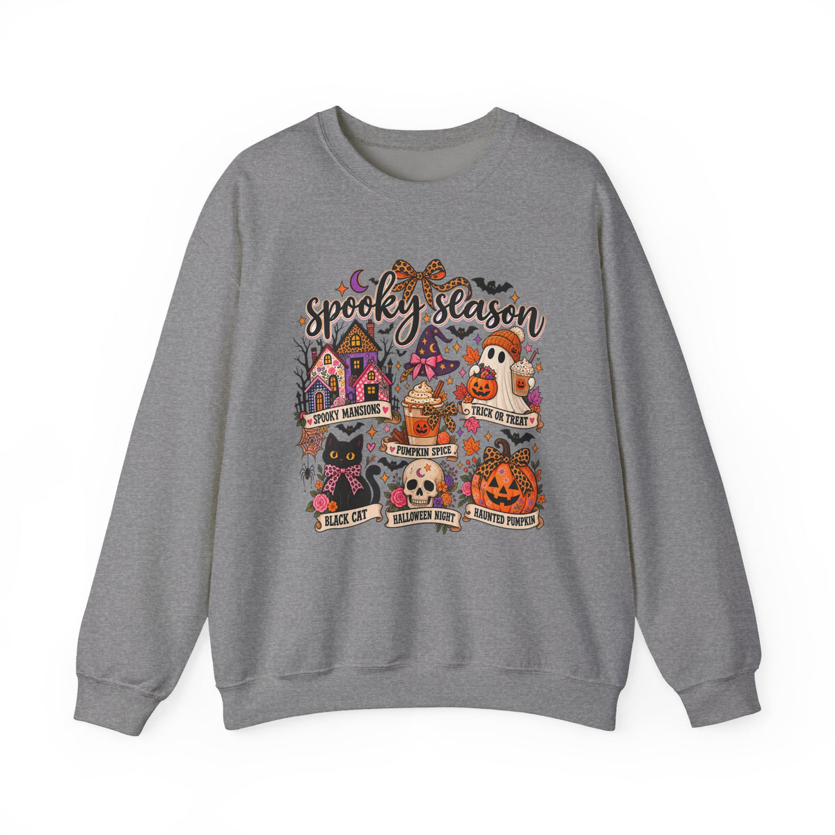 Spooky Season Crewneck Sweatshirt – Retro Halloween Haunted House & Pumpkin Graphic