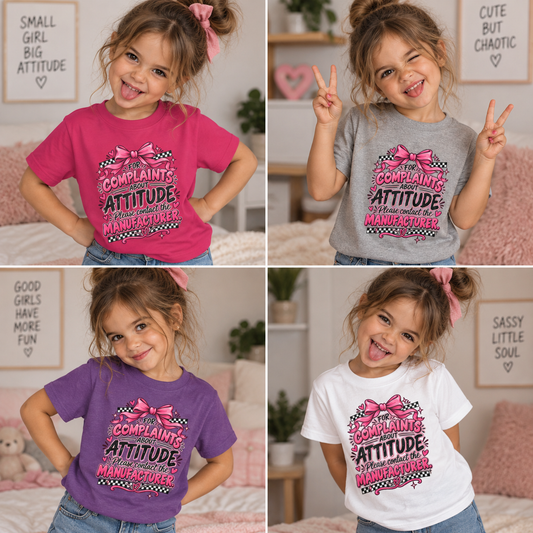 Youth Tee - "For Complaints About Attitude, Please Contact The Manufacturer" Pink Graphic