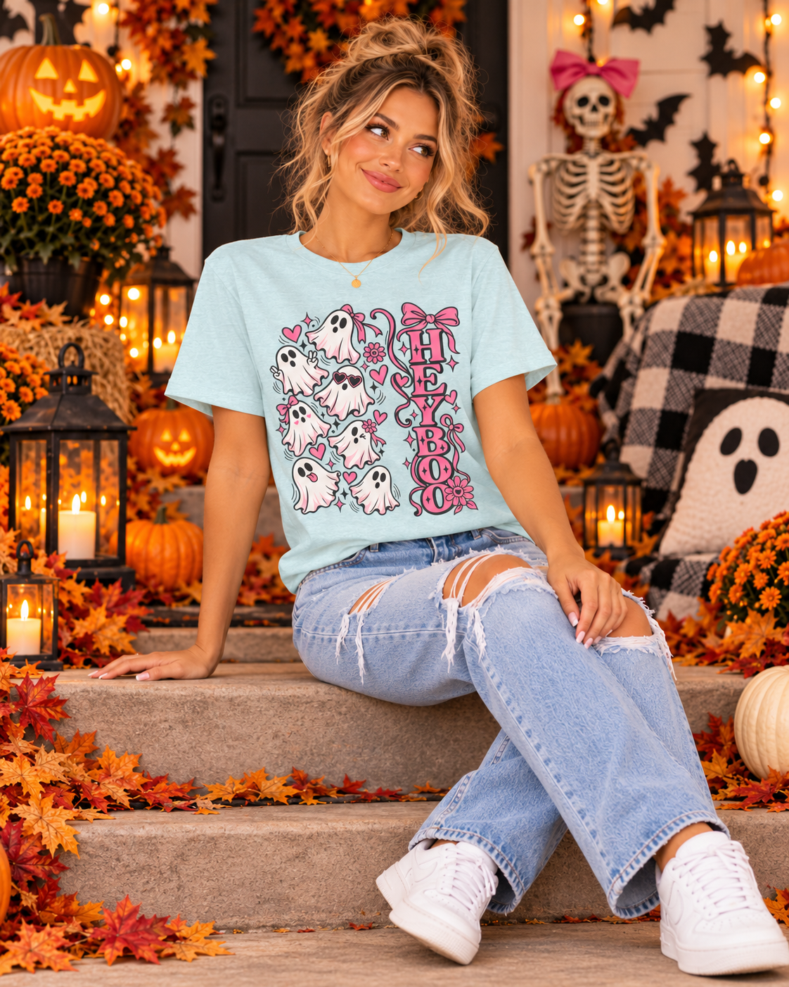 Hey Boo Ghost Tee — Cute Pink Halloween T-Shirt