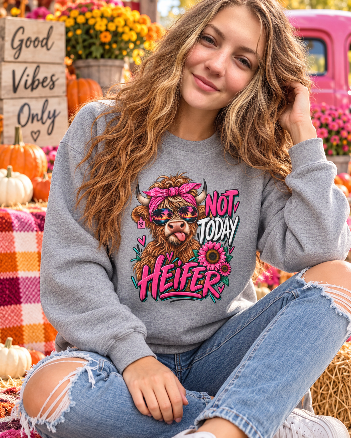 Crewneck Sweatshirt — "Not Today Heifer" Cute Cow Graphic, Pink Floral Farm Animal Pullover