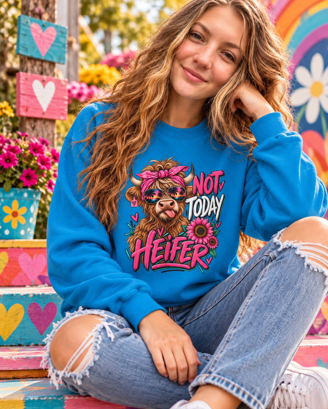 Crewneck Sweatshirt — "Not Today Heifer" Cute Cow Graphic, Pink Floral Farm Animal Pullover