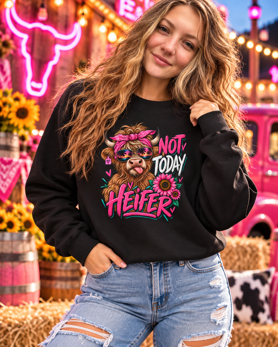 Crewneck Sweatshirt — "Not Today Heifer" Cute Cow Graphic, Pink Floral Farm Animal Pullover