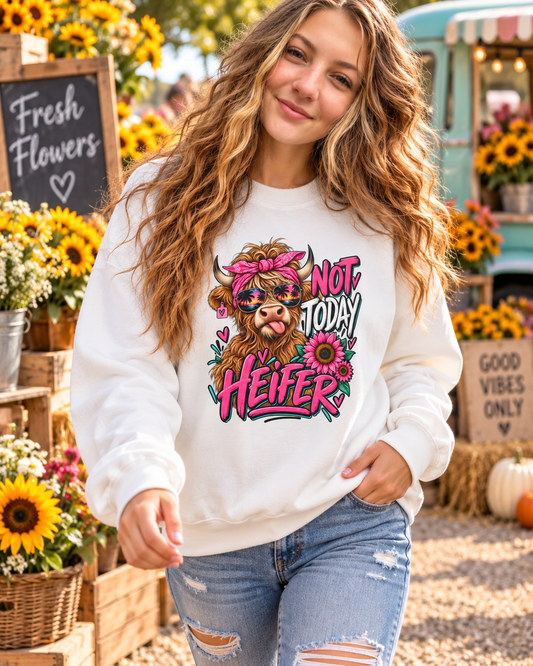Crewneck Sweatshirt — "Not Today Heifer" Cute Cow Graphic, Pink Floral Farm Animal Pullover