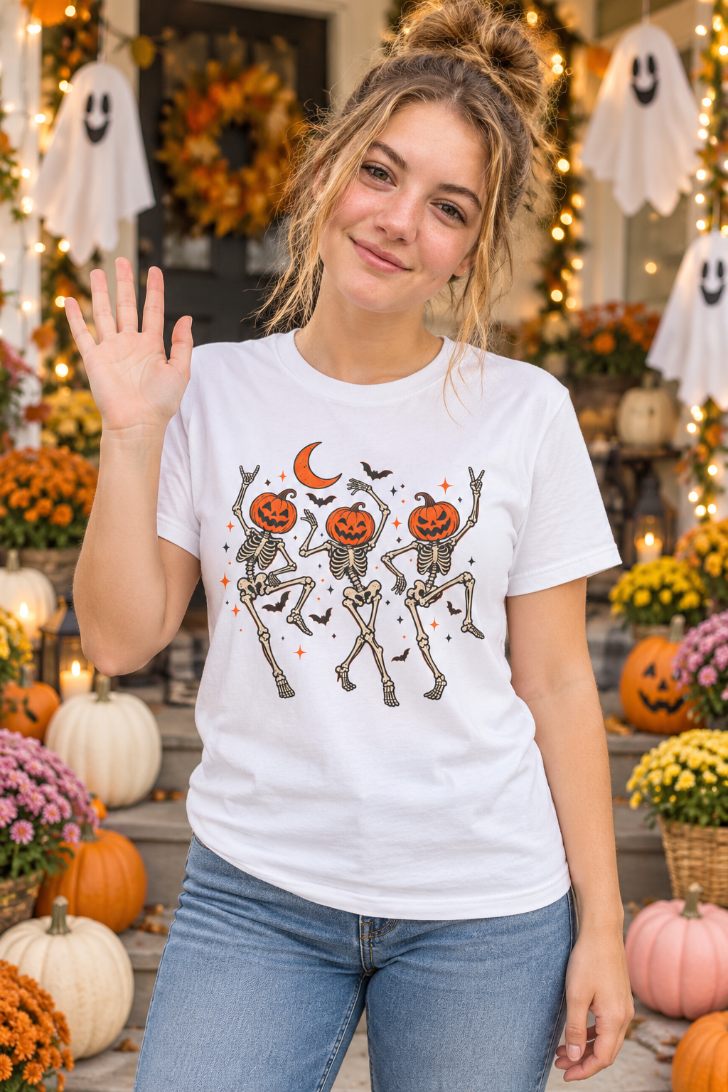 Pumpkin-Head Dancing Skeletons T-Shirt — Cute Halloween Dance Tee
