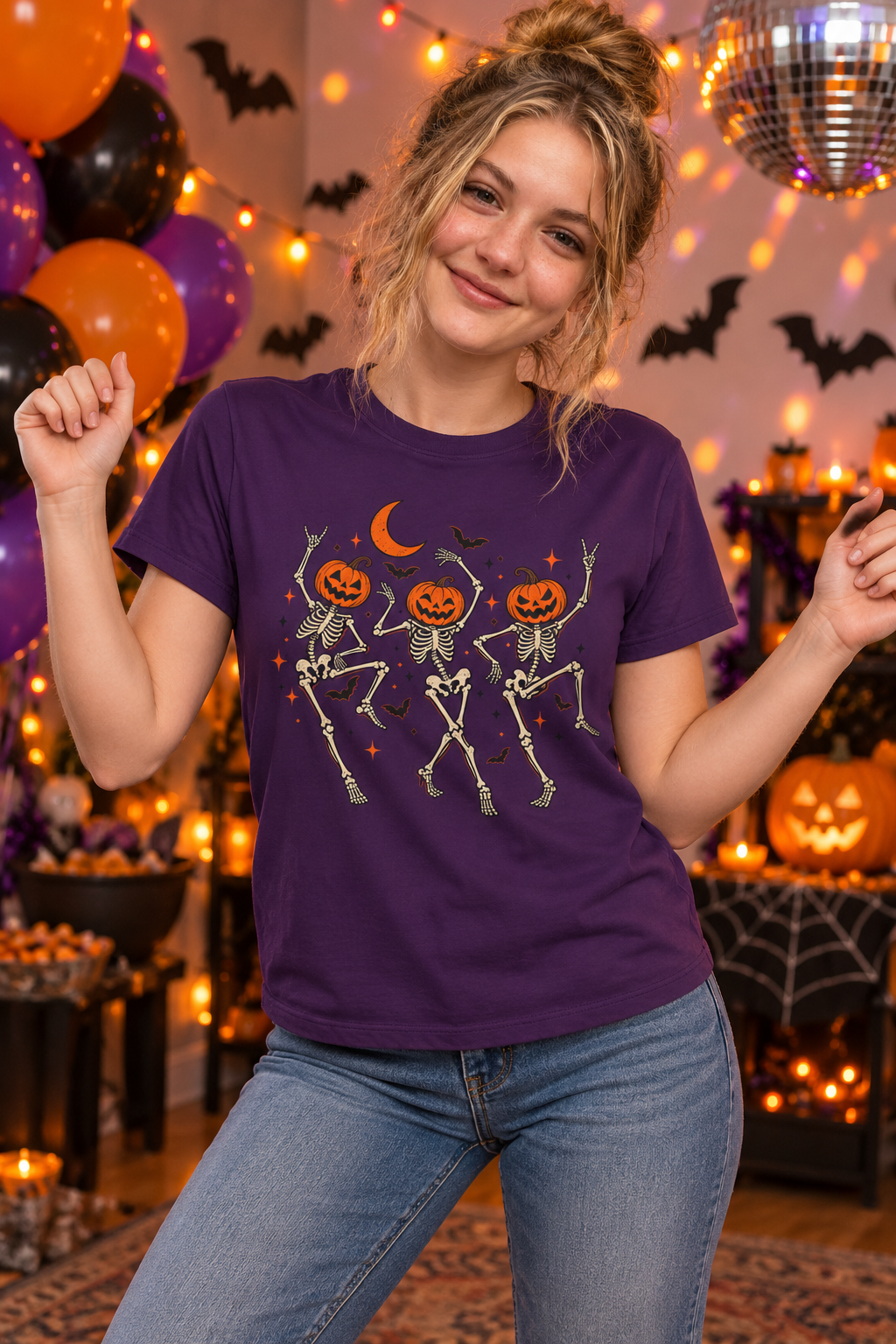 Pumpkin-Head Dancing Skeletons T-Shirt — Cute Halloween Dance Tee