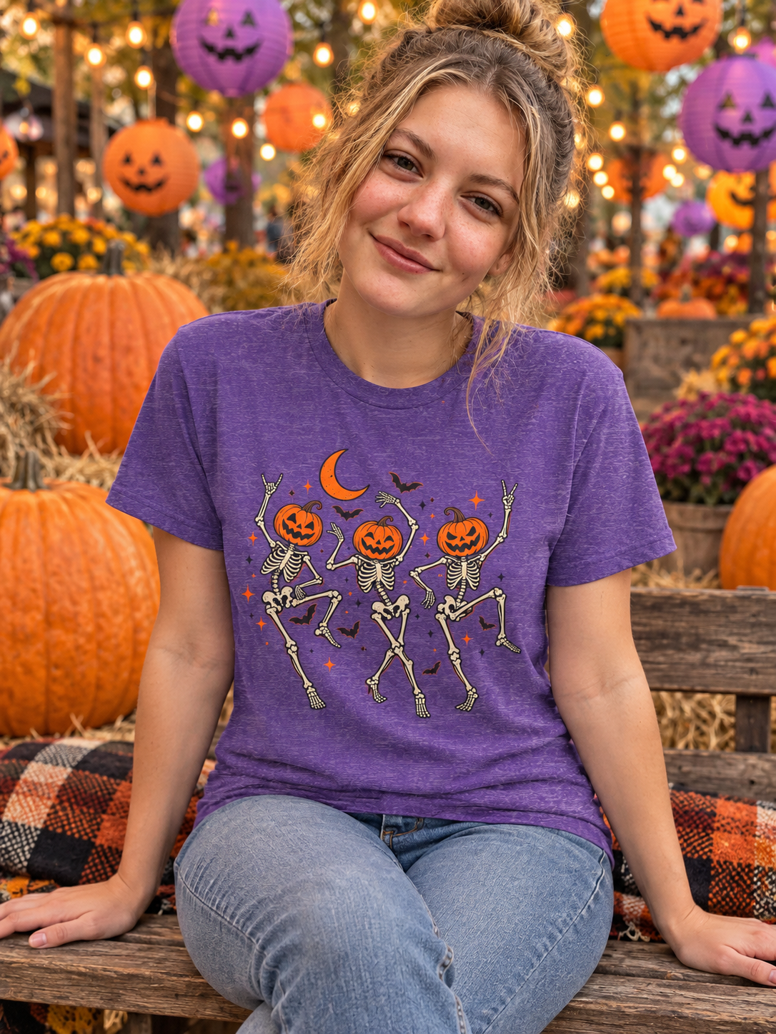 Pumpkin-Head Dancing Skeletons T-Shirt — Cute Halloween Dance Tee