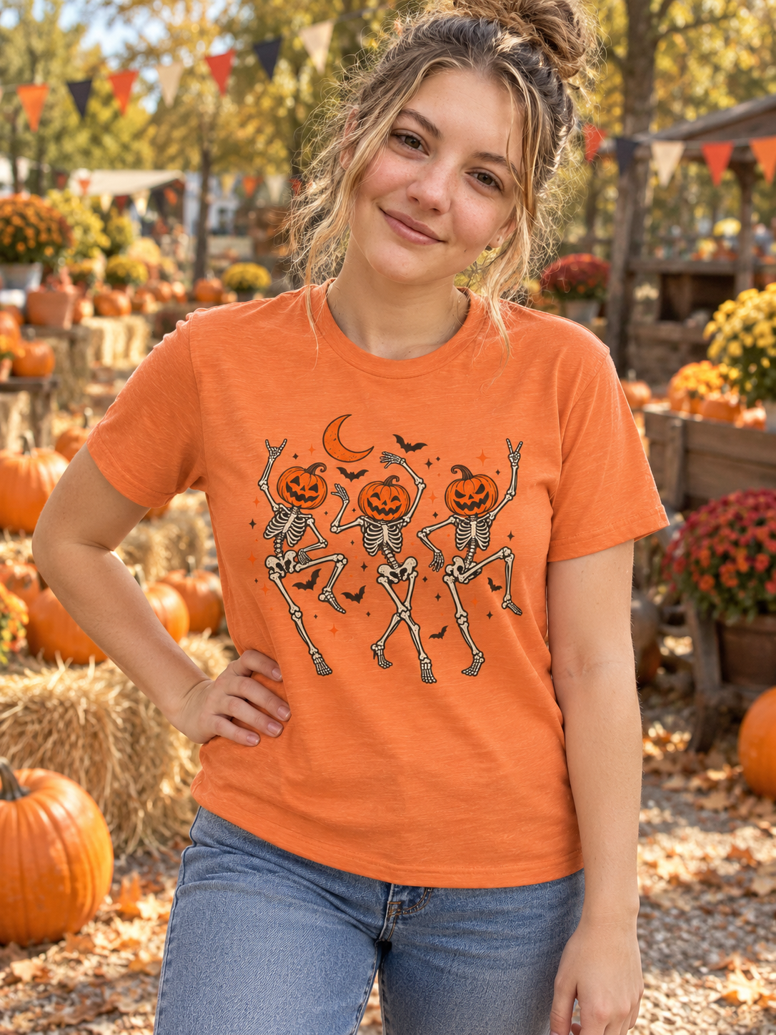 Pumpkin-Head Dancing Skeletons T-Shirt — Cute Halloween Dance Tee