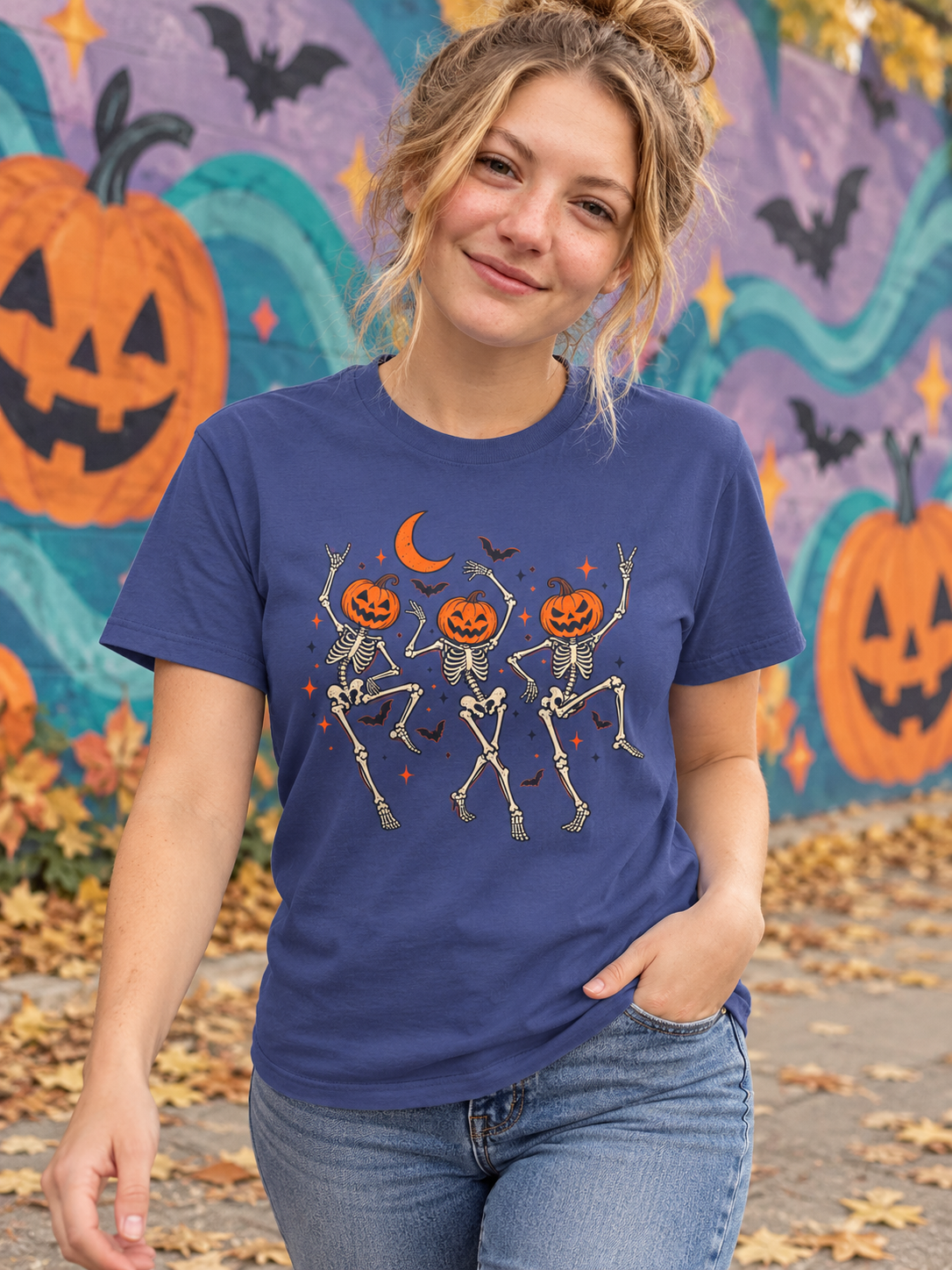 Pumpkin-Head Dancing Skeletons T-Shirt — Cute Halloween Dance Tee