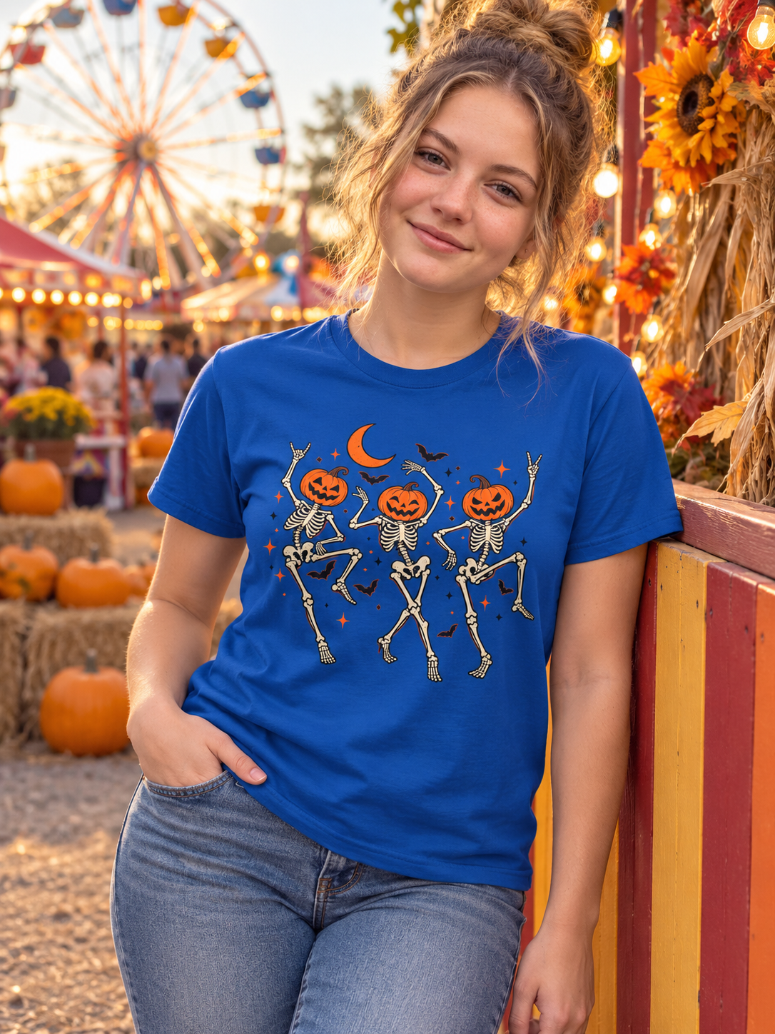 Pumpkin-Head Dancing Skeletons T-Shirt — Cute Halloween Dance Tee