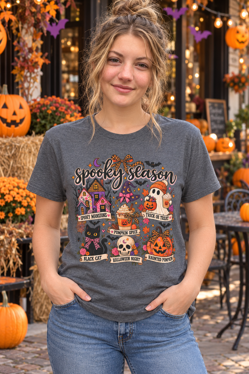 Spooky Season Halloween T-Shirt — Cute Haunted Houses, Ghosts & Pumpkins