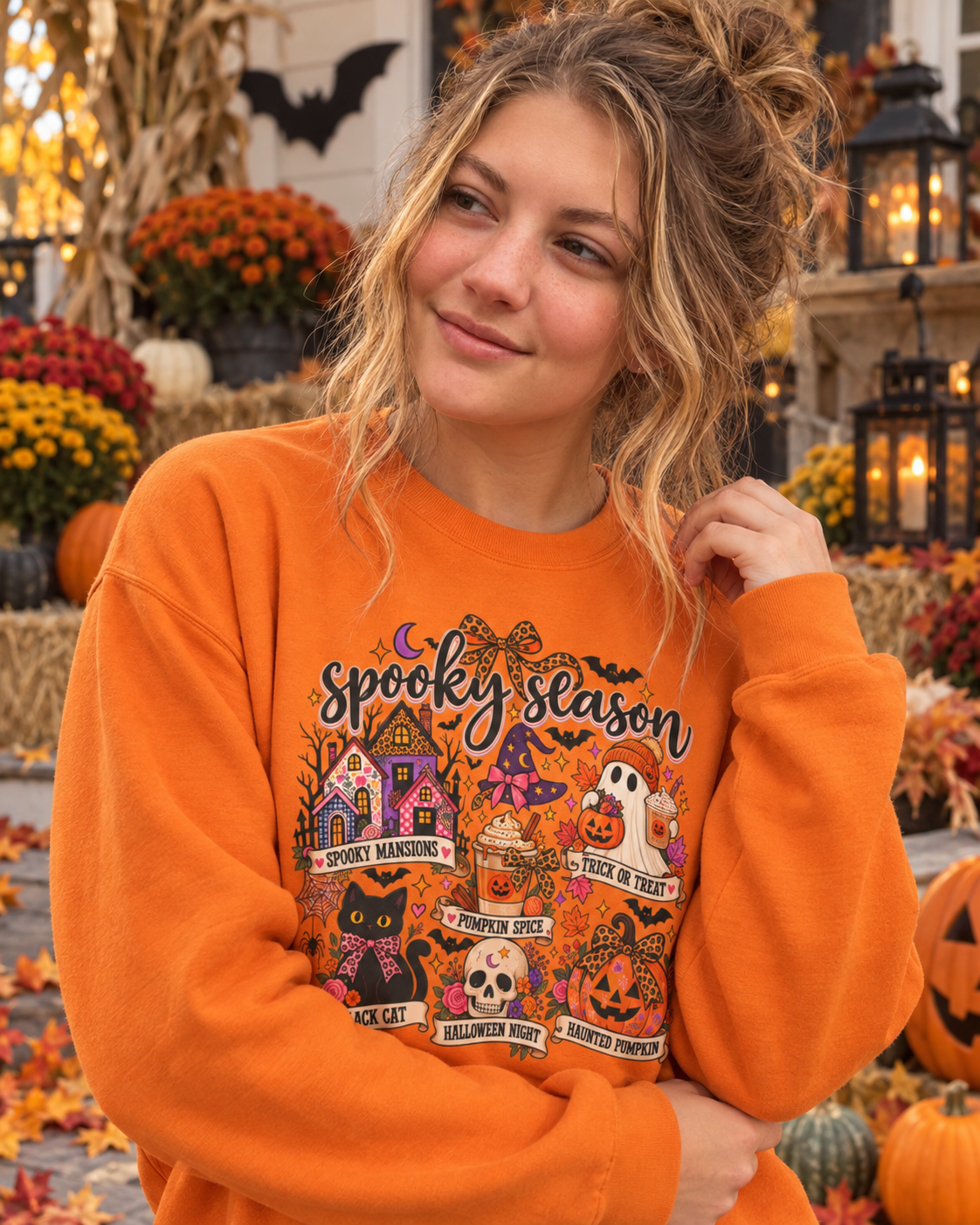 Spooky Season Crewneck Sweatshirt – Retro Halloween Haunted House & Pumpkin Graphic