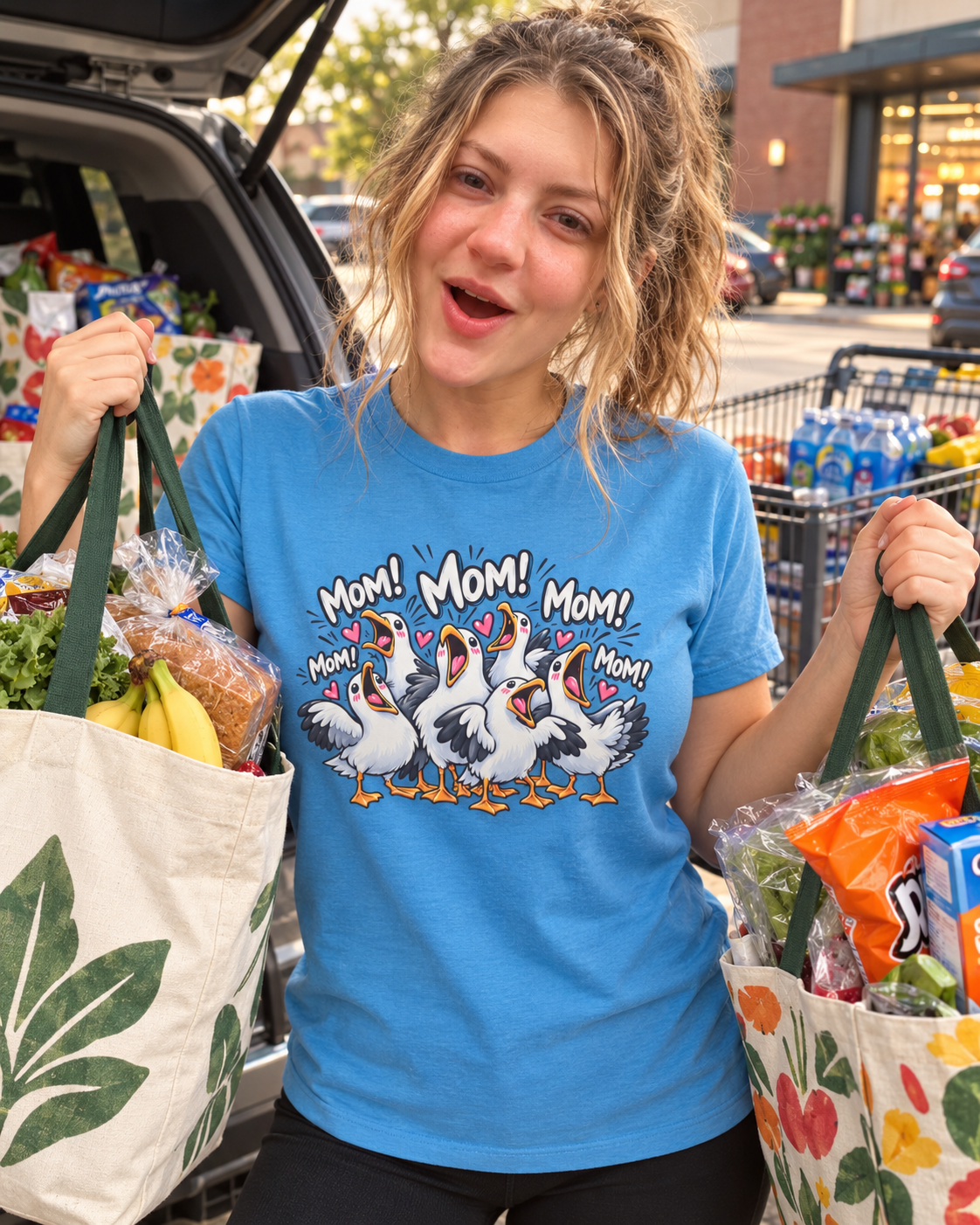 Mom! Mom! Pelican Cartoon T-Shirt — Funny Mom Birds Graphic Tee