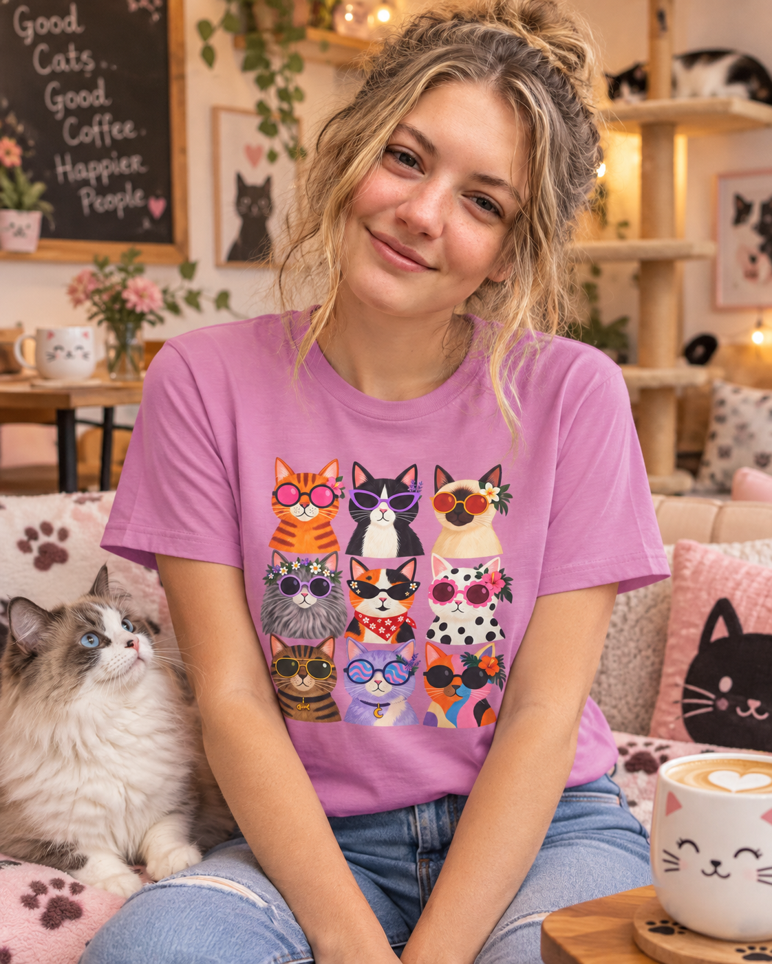 Cute Retro Cat Faces Graphic Tee