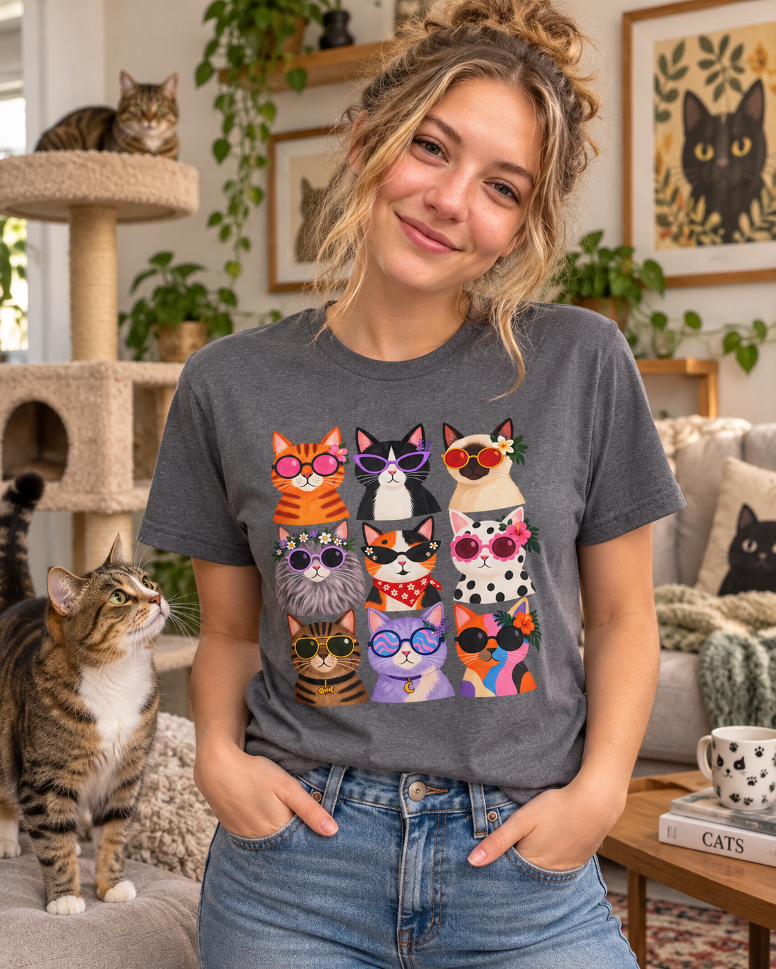 Cute Retro Cat Faces Graphic Tee