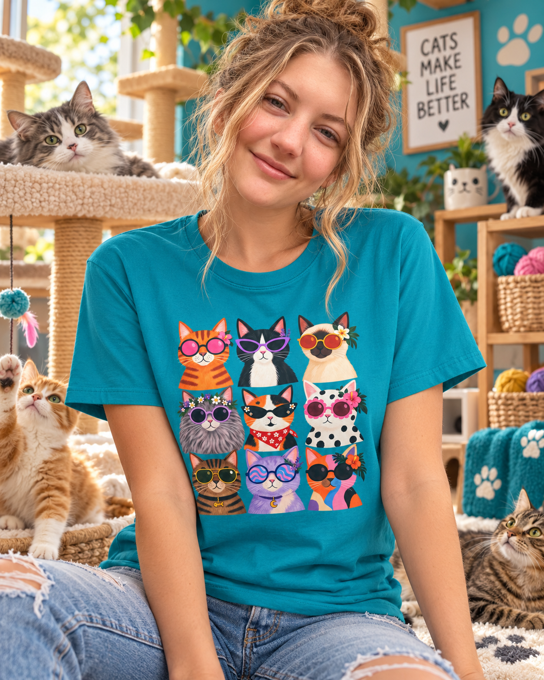 Cute Retro Cat Faces Graphic Tee