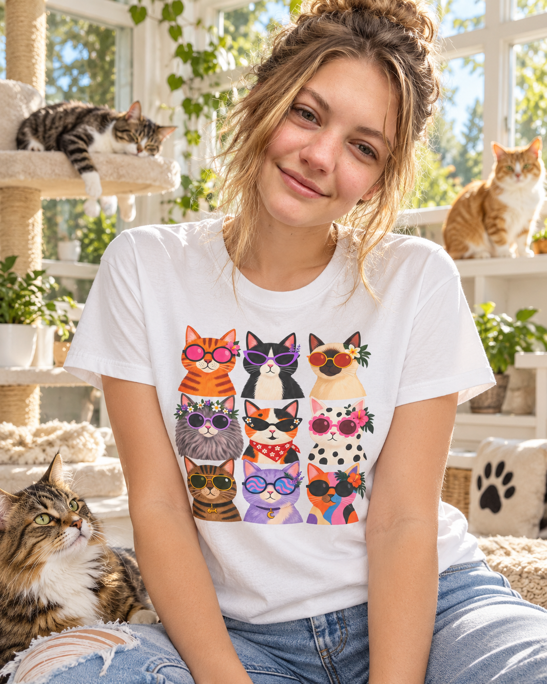 Cute Retro Cat Faces Graphic Tee