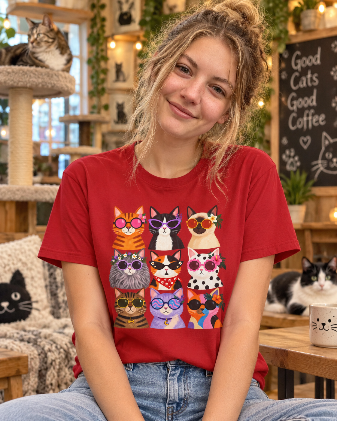 Cute Retro Cat Faces Graphic Tee