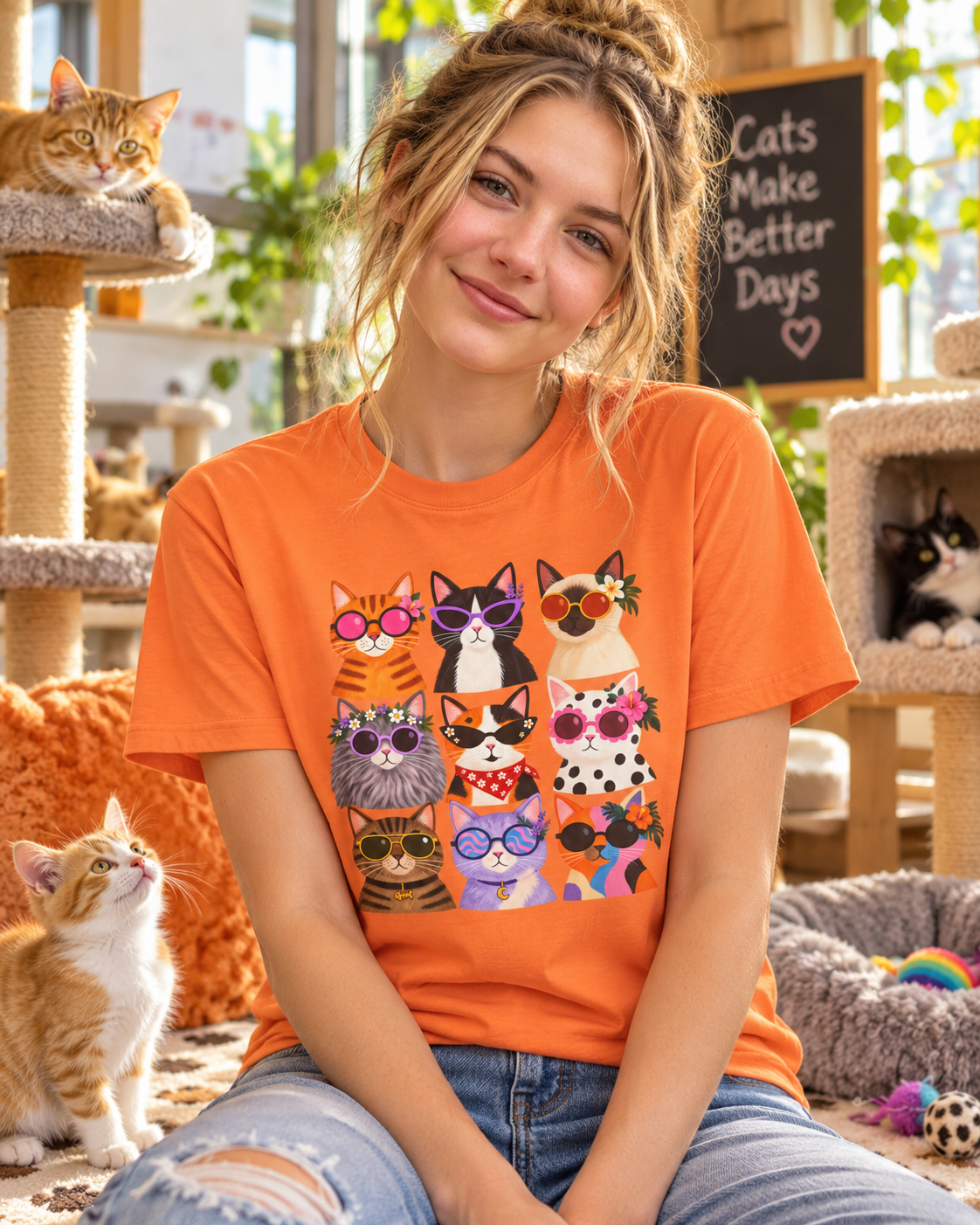 Cute Retro Cat Faces Graphic Tee