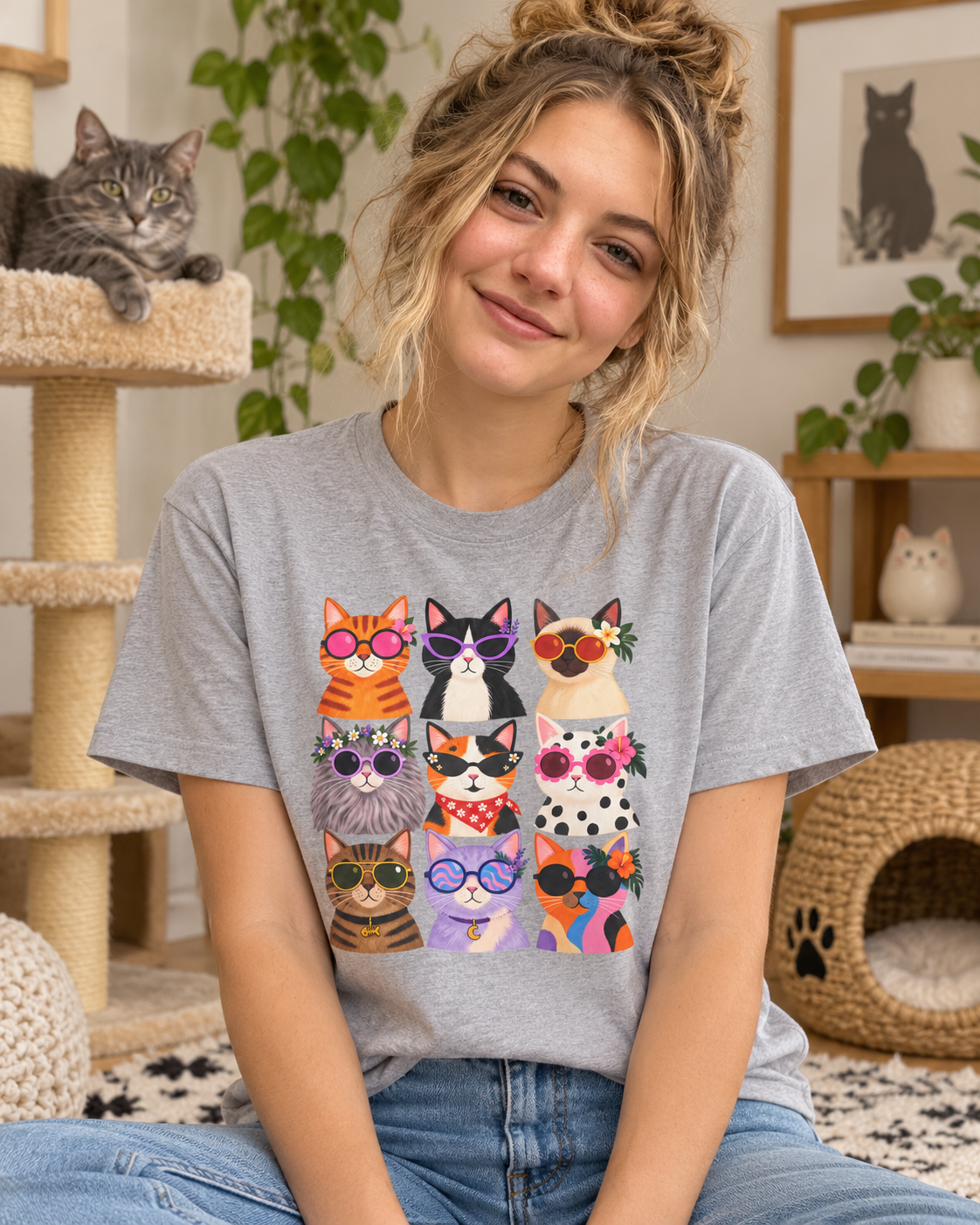 Cute Retro Cat Faces Graphic Tee