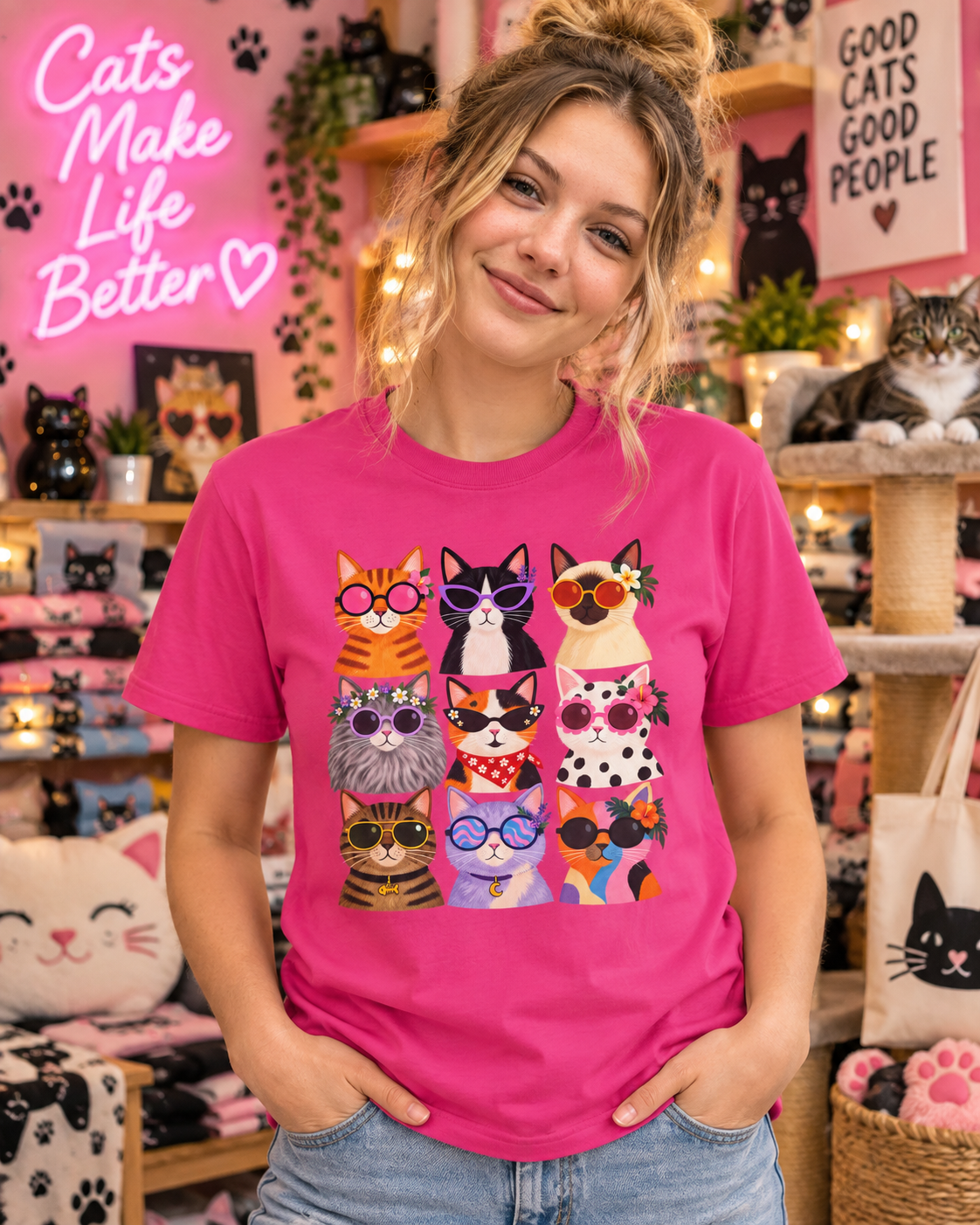 Cute Retro Cat Faces Graphic Tee