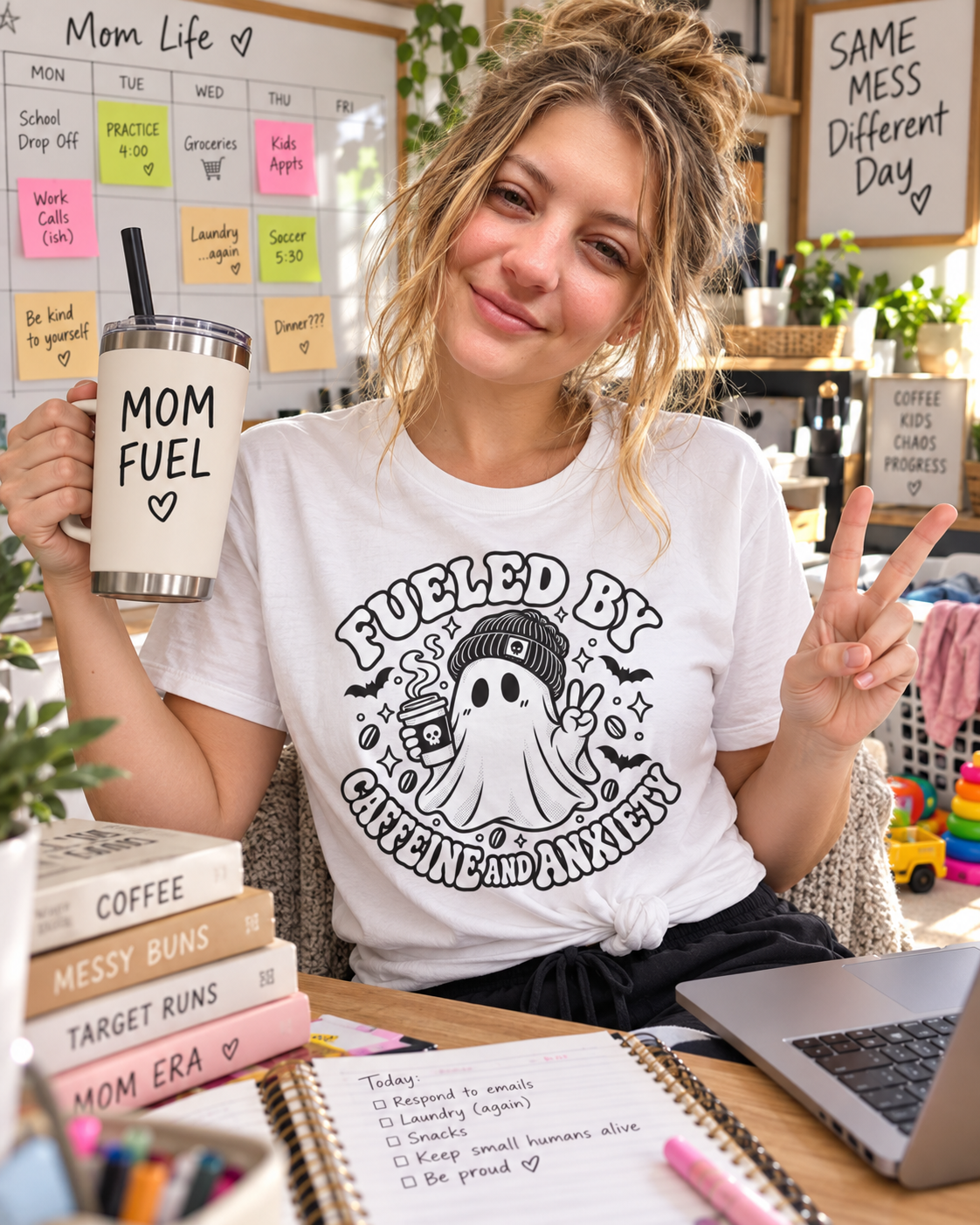 T-Shirt — 'Fueled By Caffeine and Anxiety' Cute Ghost Coffee Graphic Tee