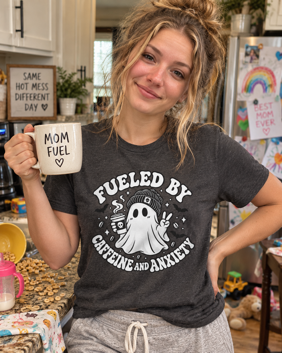 T-Shirt — 'Fueled By Caffeine and Anxiety' Cute Ghost Coffee Graphic Tee