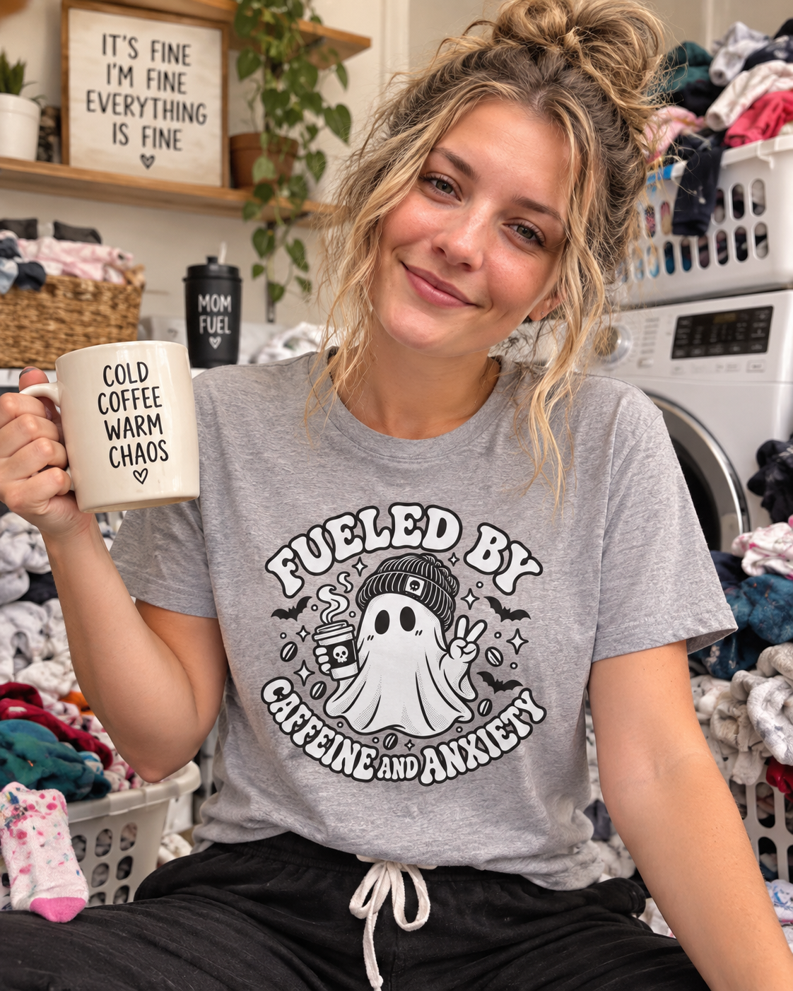 T-Shirt — 'Fueled By Caffeine and Anxiety' Cute Ghost Coffee Graphic Tee