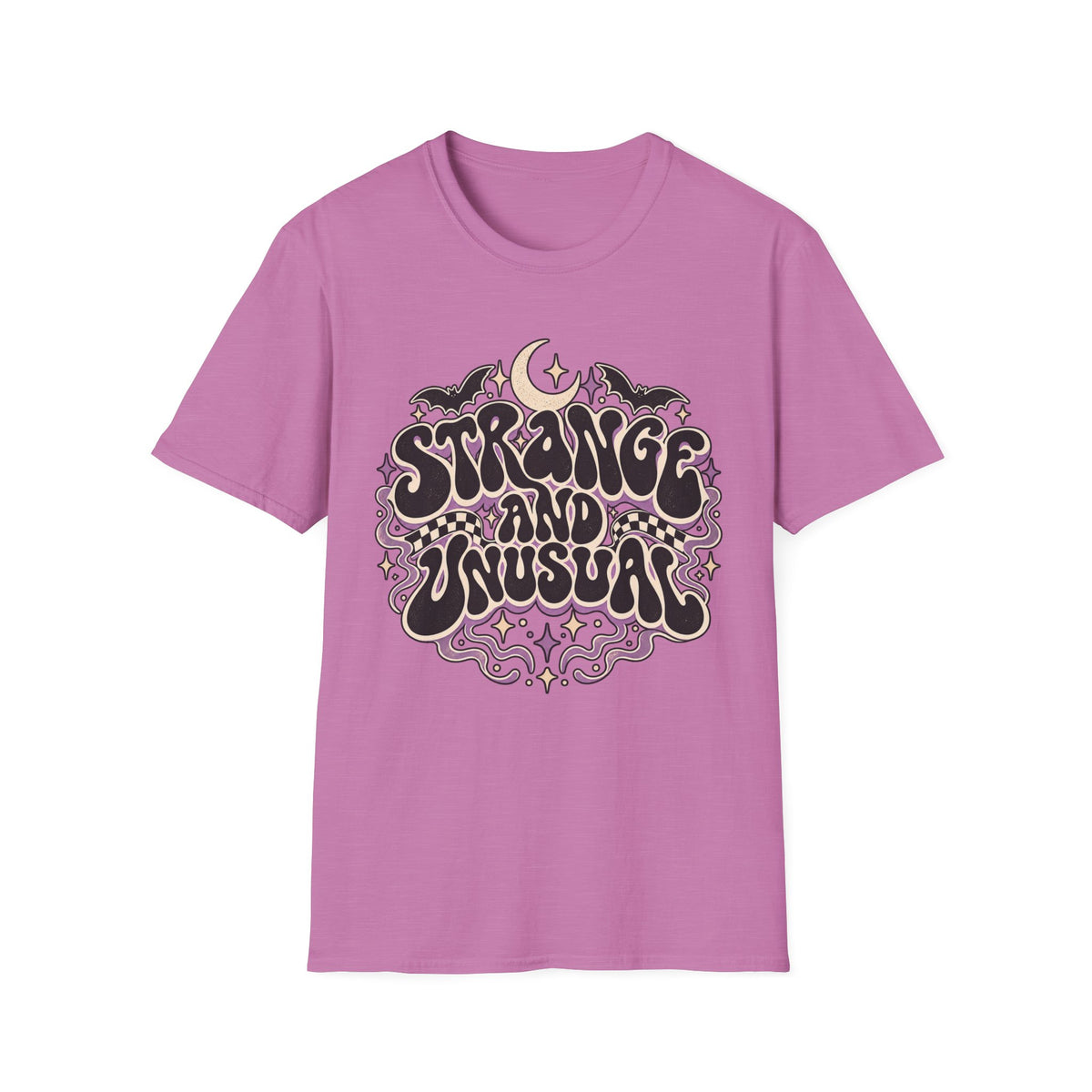 Strange and Unusual Tee — Retro Gothic Moon & Bat Graphic T-Shirt