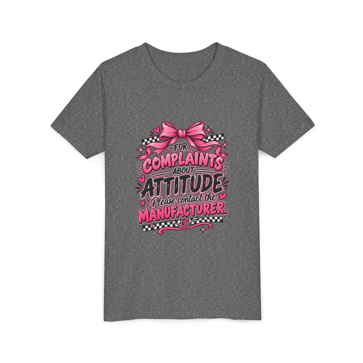 Youth Tee - "For Complaints About Attitude, Please Contact The Manufacturer" Pink Graphic