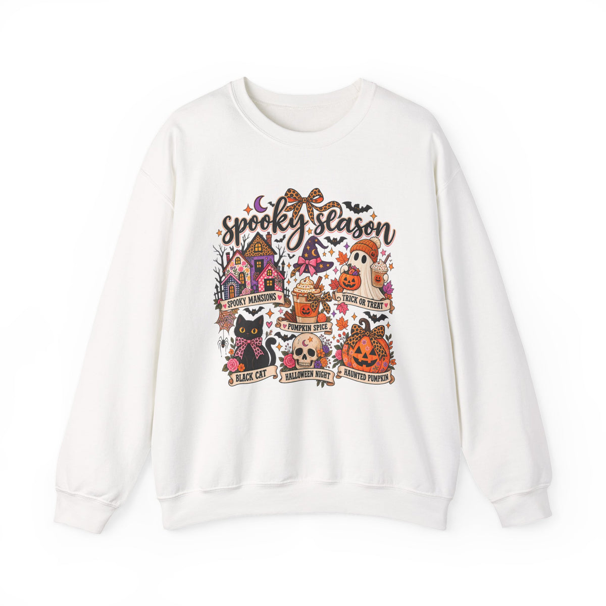 Spooky Season Crewneck Sweatshirt – Retro Halloween Haunted House & Pumpkin Graphic