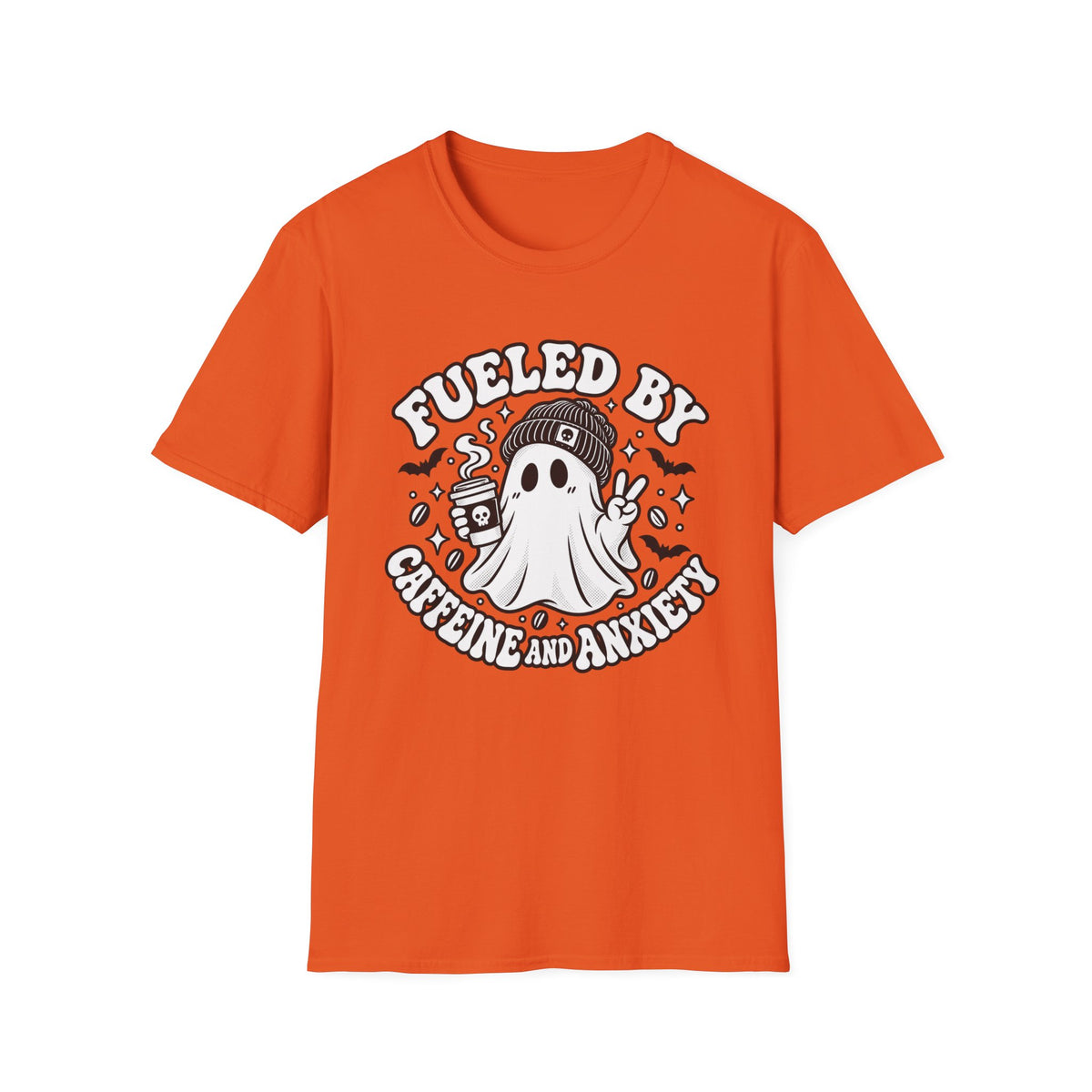 T-Shirt — 'Fueled By Caffeine and Anxiety' Cute Ghost Coffee Graphic Tee