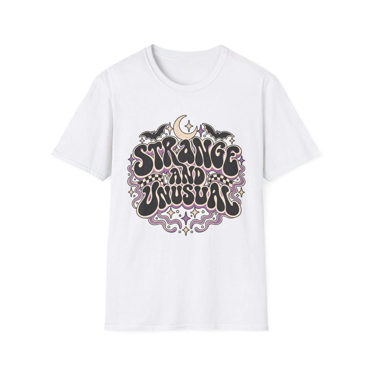 Strange and Unusual Tee — Retro Gothic Moon & Bat Graphic T-Shirt