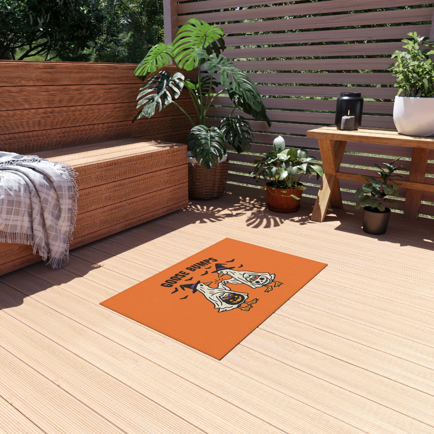 Halloween Goose Bumps Outdoor Rug — Trick-or-Treating Ghost Geese Doormat