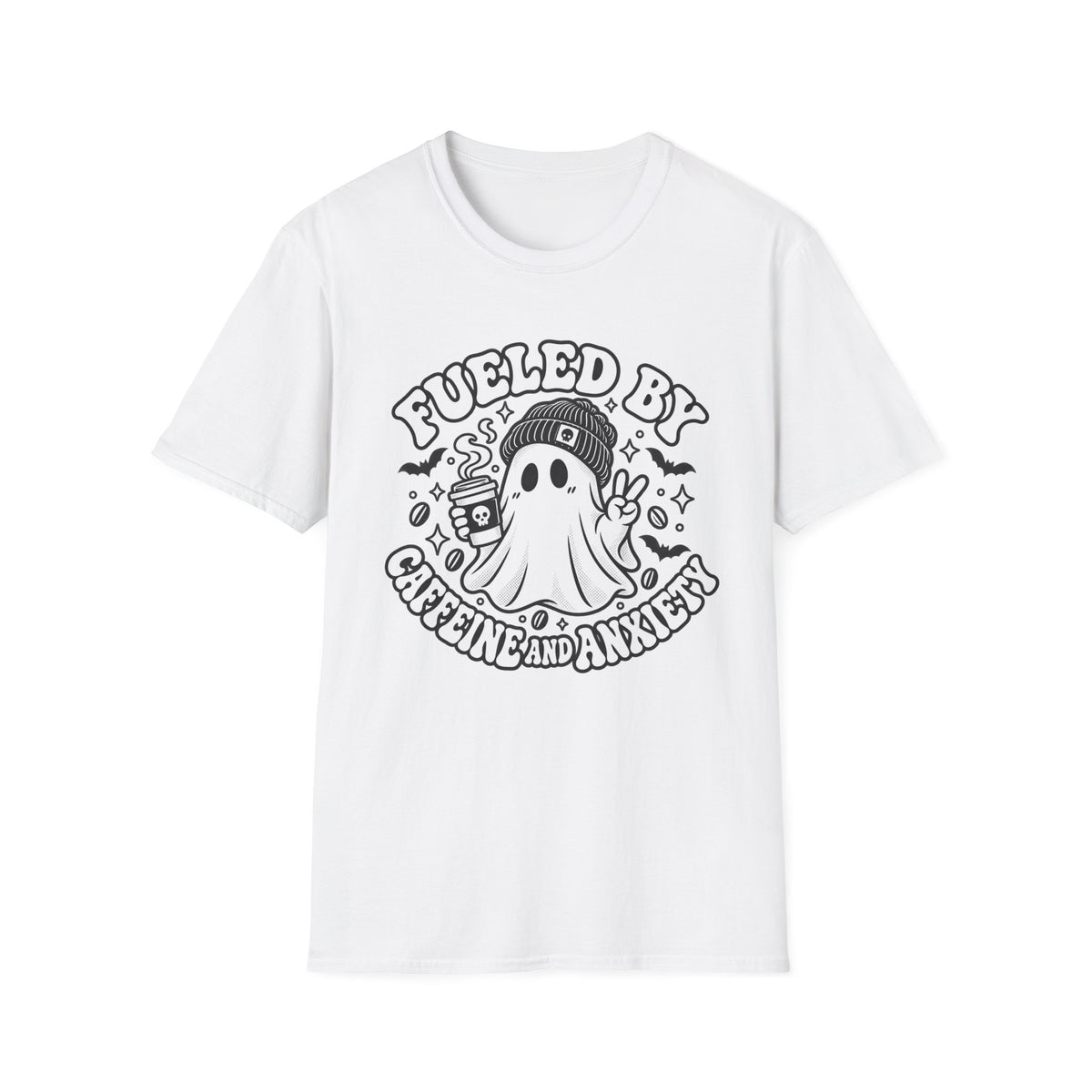 T-Shirt — 'Fueled By Caffeine and Anxiety' Cute Ghost Coffee Graphic Tee